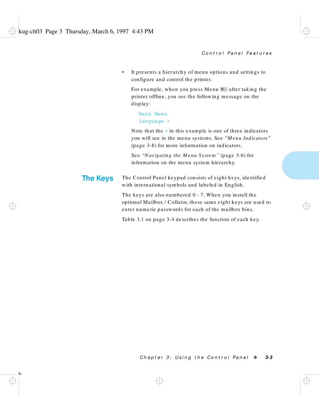 HP LN17 manual Keys, Kug-ch03 Page 3 Thursday, March 6, 1997 443 PM 