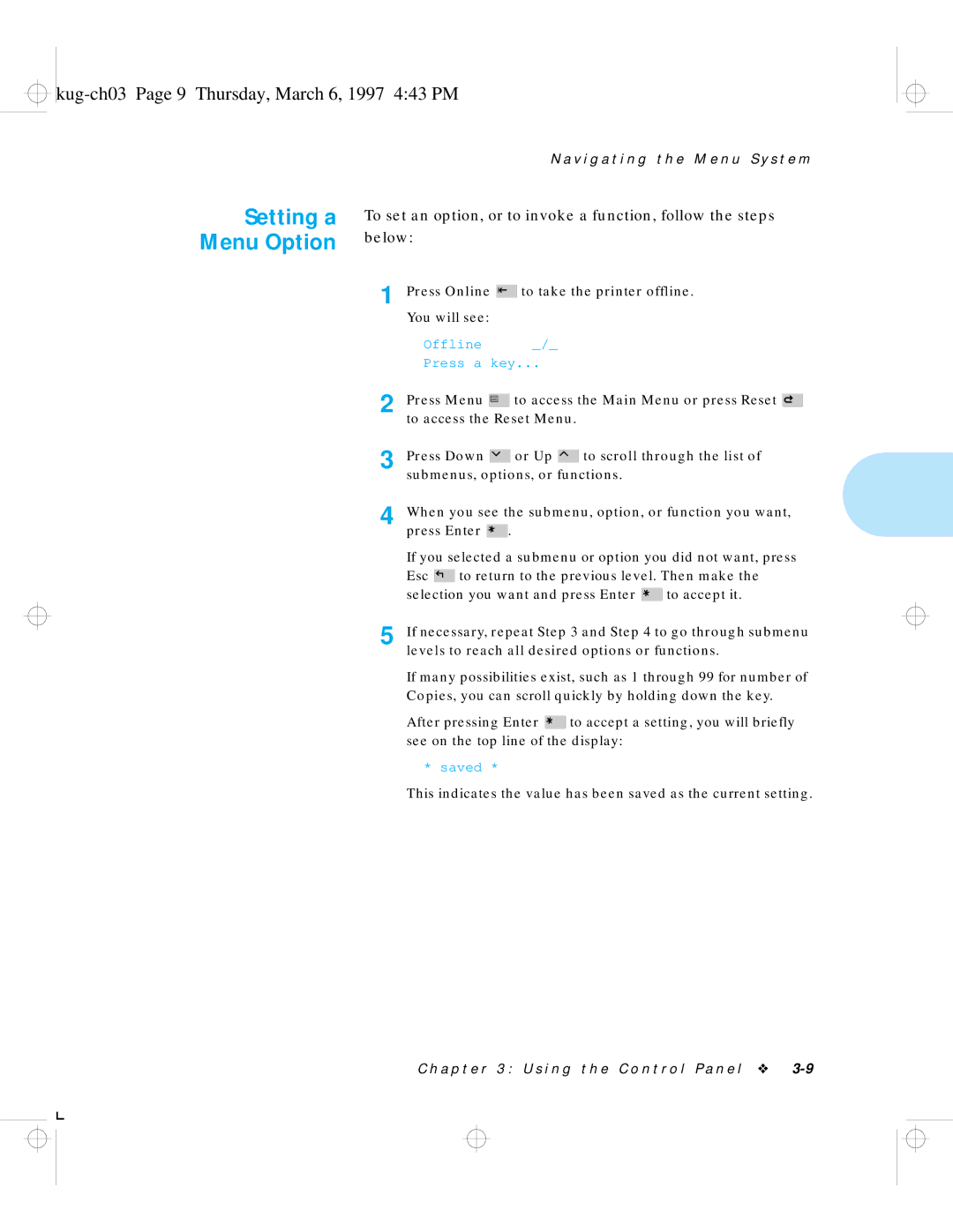 HP LN17 manual Setting a Menu Option, Kug-ch03 Page 9 Thursday, March 6, 1997 443 PM 