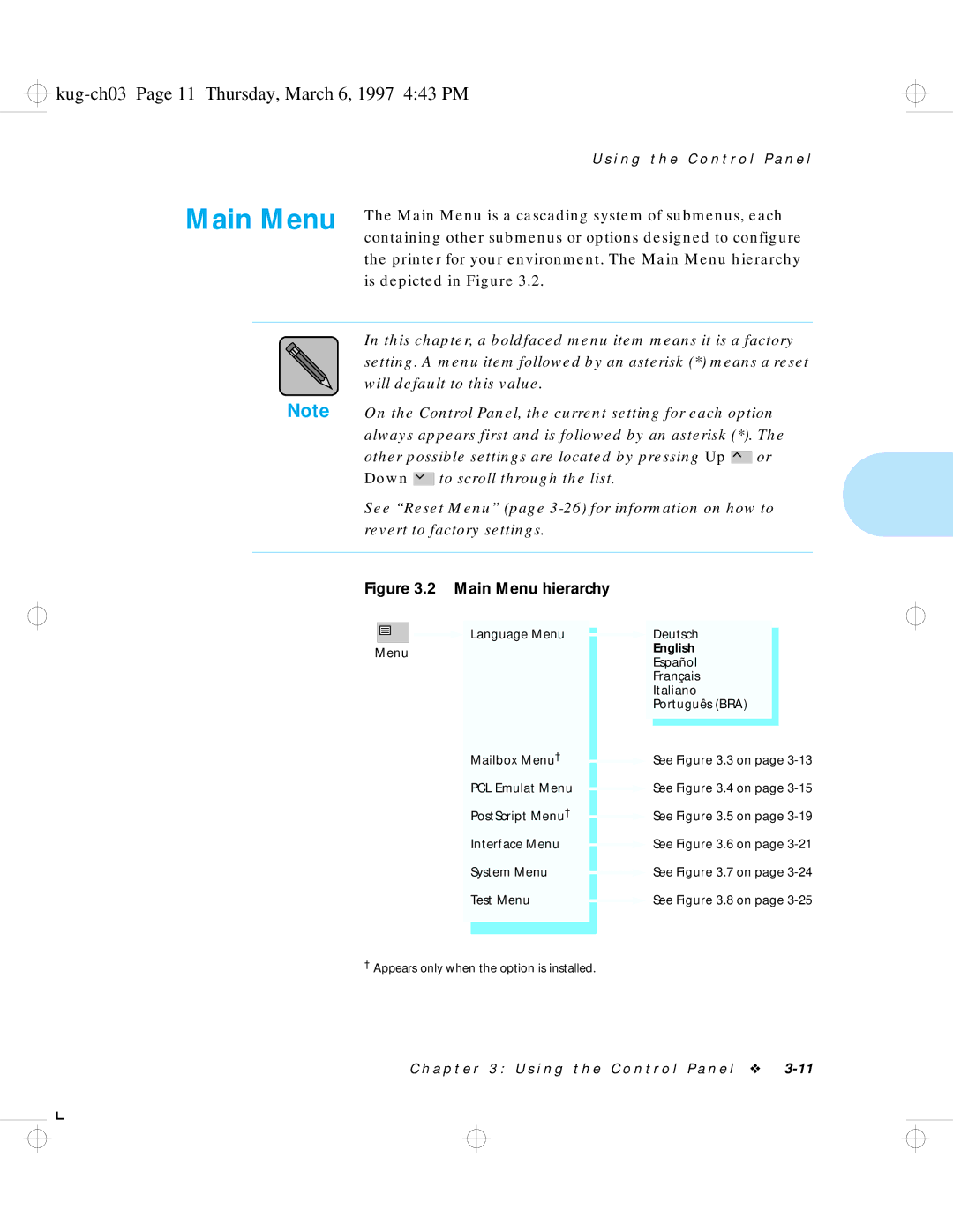 HP LN17 manual Main Menu, Kug-ch03 Page 11 Thursday, March 6, 1997 443 PM 