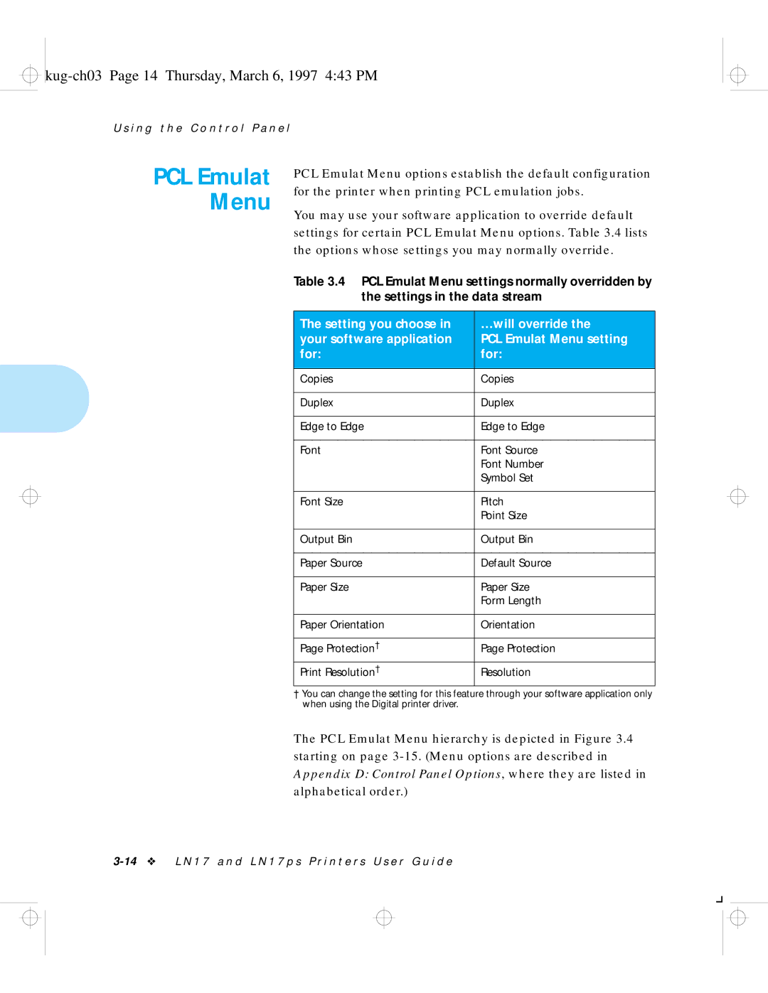 HP LN17 manual PCL Emulat Menu, Kug-ch03 Page 14 Thursday, March 6, 1997 443 PM 