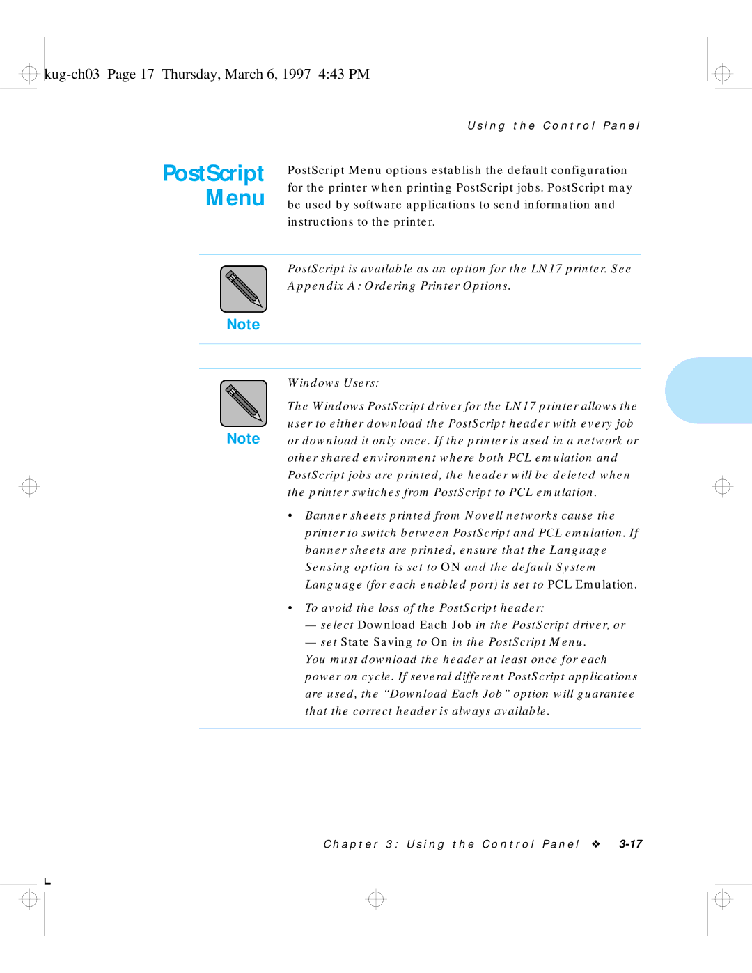 HP LN17 manual PostScript Menu, Kug-ch03 Page 17 Thursday, March 6, 1997 443 PM 