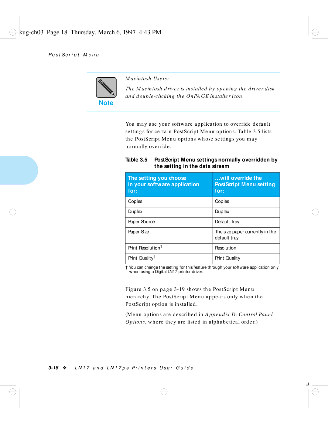 HP LN17 manual Kug-ch03 Page 18 Thursday, March 6, 1997 443 PM, Copies Duplex Paper Source Default Tray Paper Size 