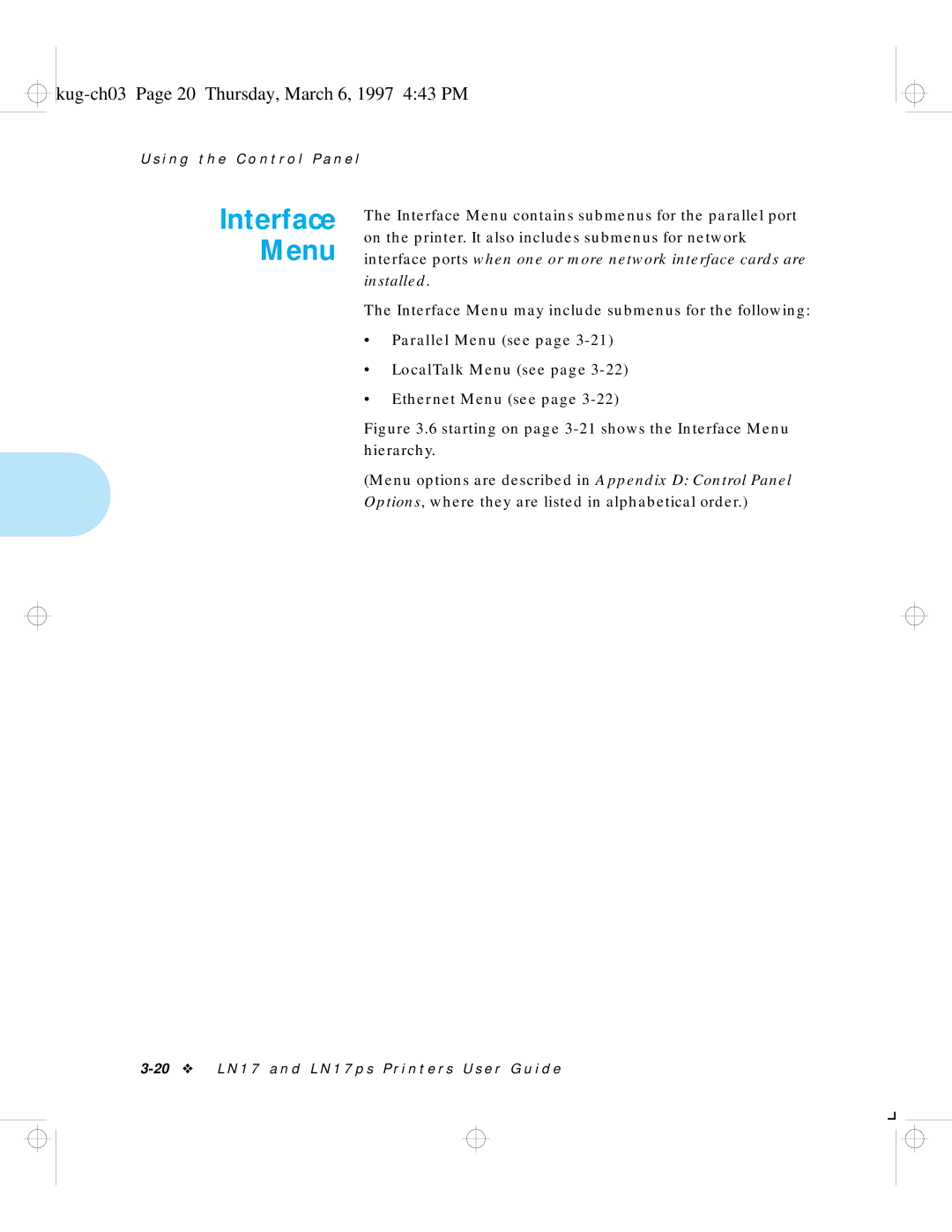 HP LN17 manual Interface Menu, Kug-ch03 Page 20 Thursday, March 6, 1997 443 PM 