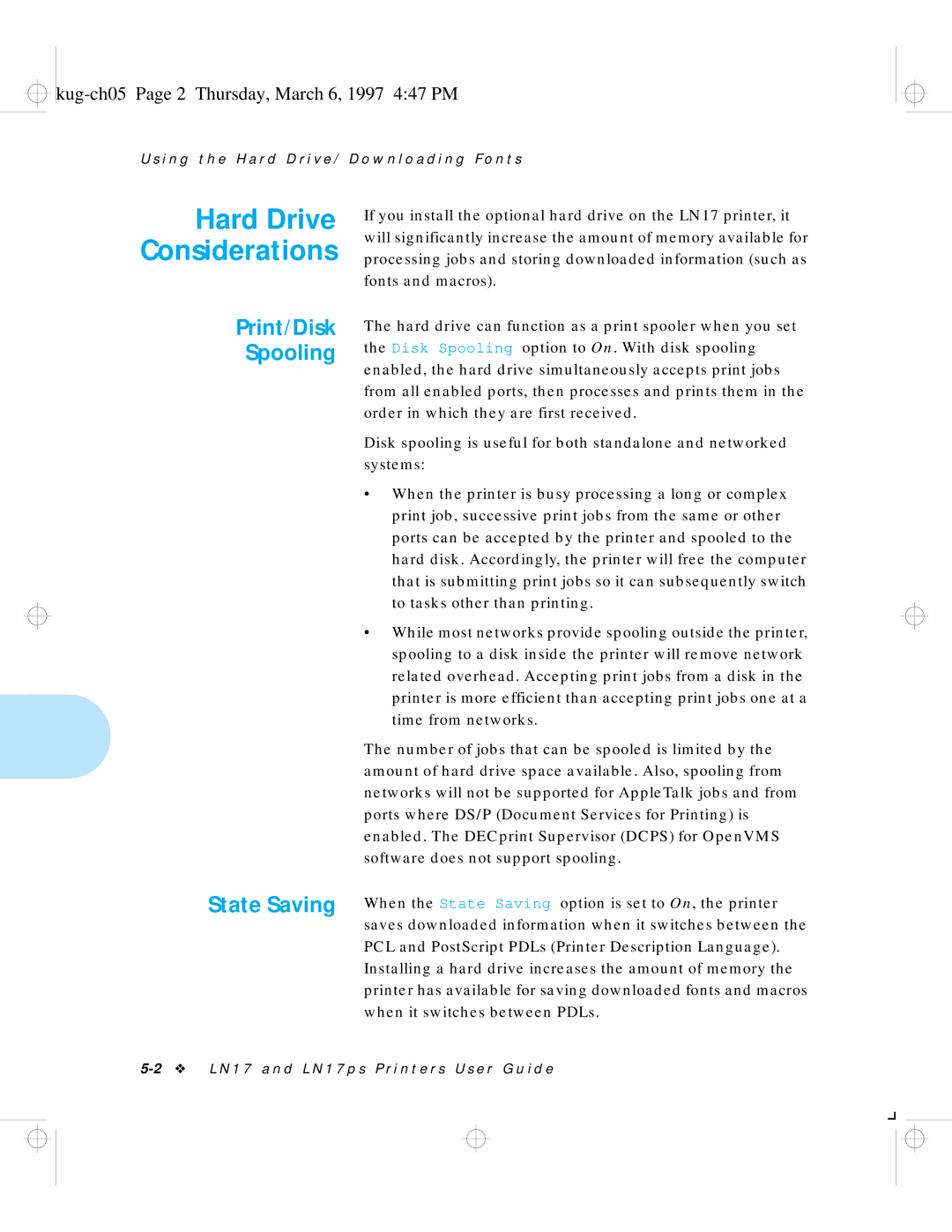 HP LN17 manual Print/Disk Spooling State Saving, Kug-ch05 Page 2 Thursday, March 6, 1997 447 PM 