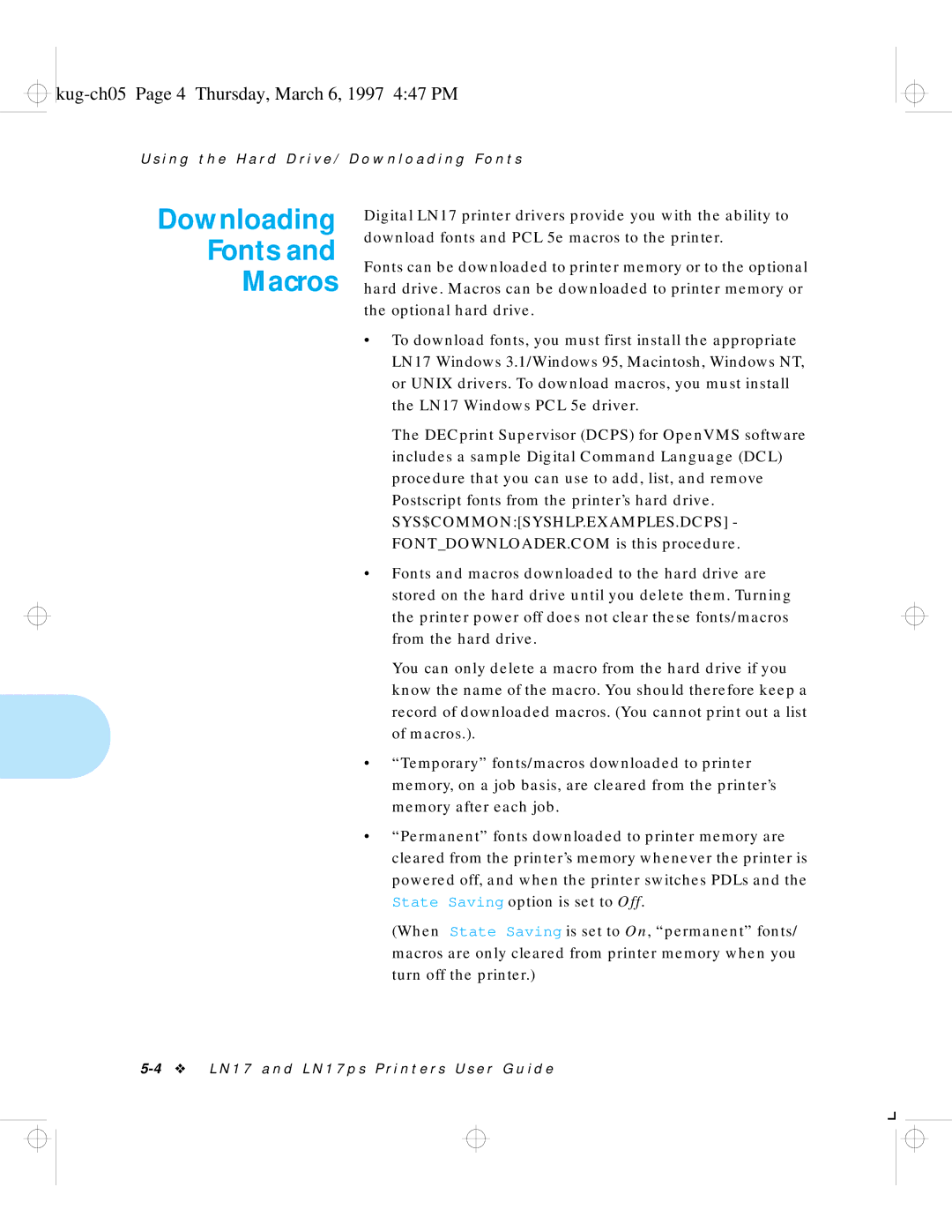 HP LN17 manual Downloading Fonts Macros, Kug-ch05 Page 4 Thursday, March 6, 1997 447 PM 