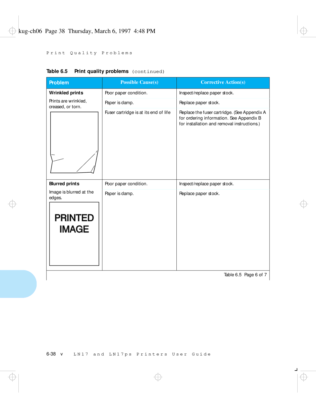 HP LN17ps manual Kug-ch06 Page 38 Thursday, March 6, 1997 448 PM, Wrinkled prints 