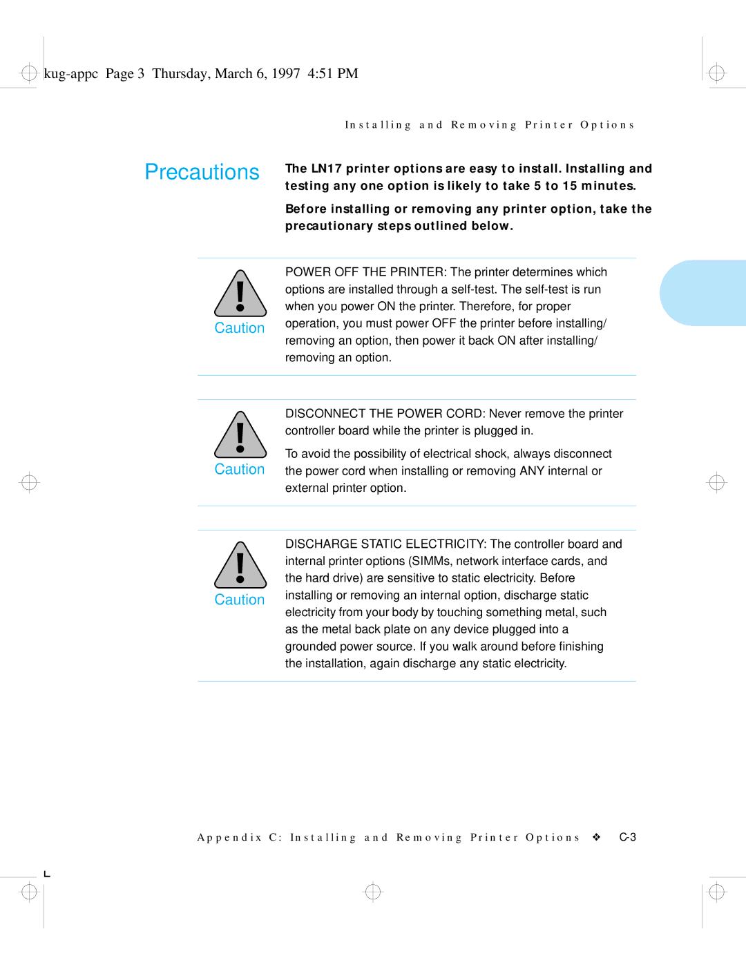 HP LN17ps manual Precautions, Kug-appc Page 3 Thursday, March 6, 1997 451 PM 