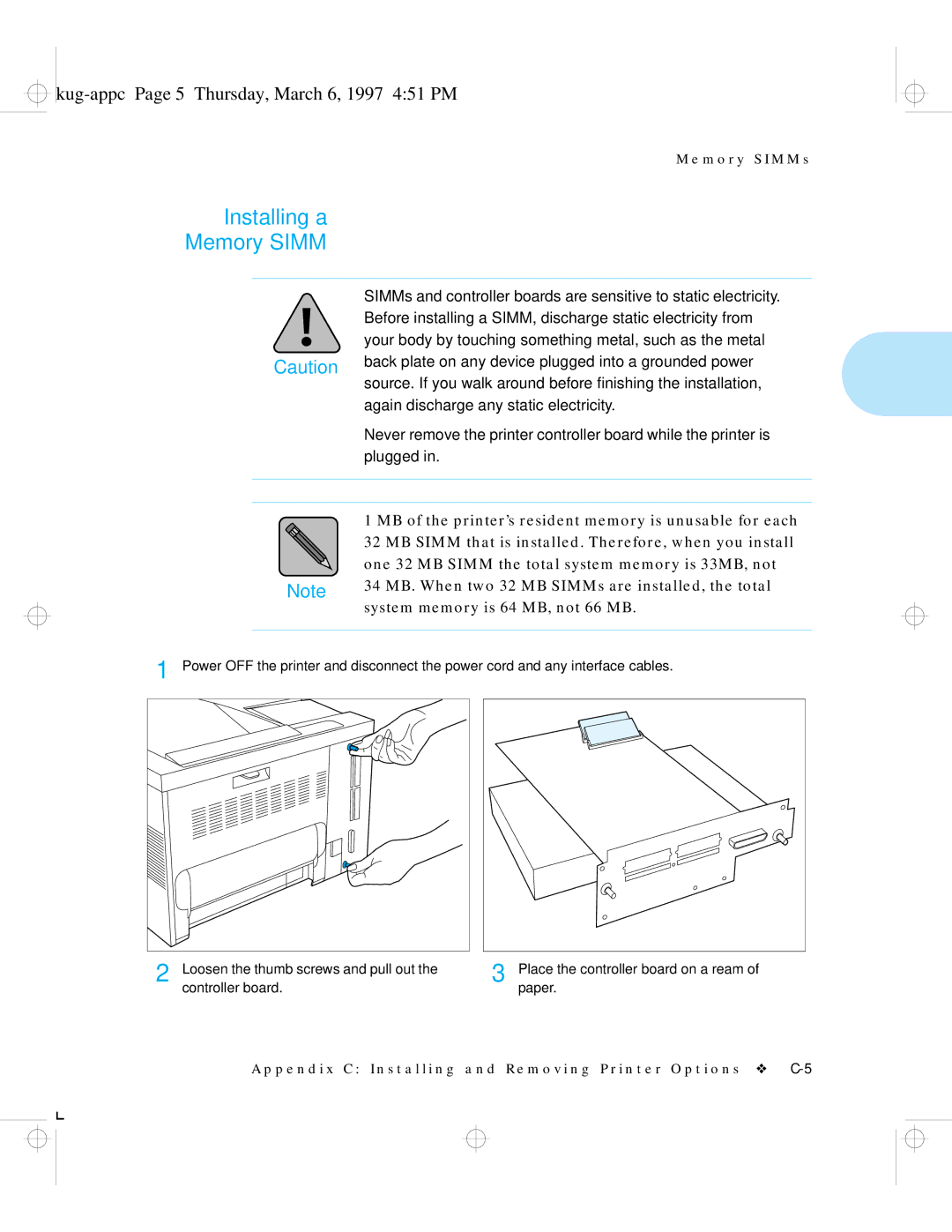 HP LN17ps manual Installing a Memory Simm, Kug-appc Page 5 Thursday, March 6, 1997 451 PM 