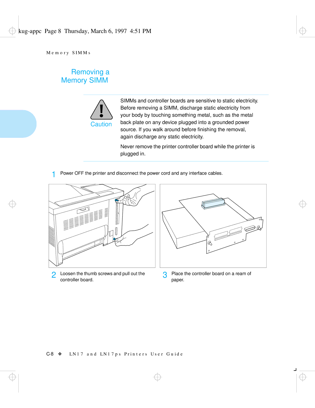 HP LN17ps manual Removing a Memory Simm, Kug-appc Page 8 Thursday, March 6, 1997 451 PM 