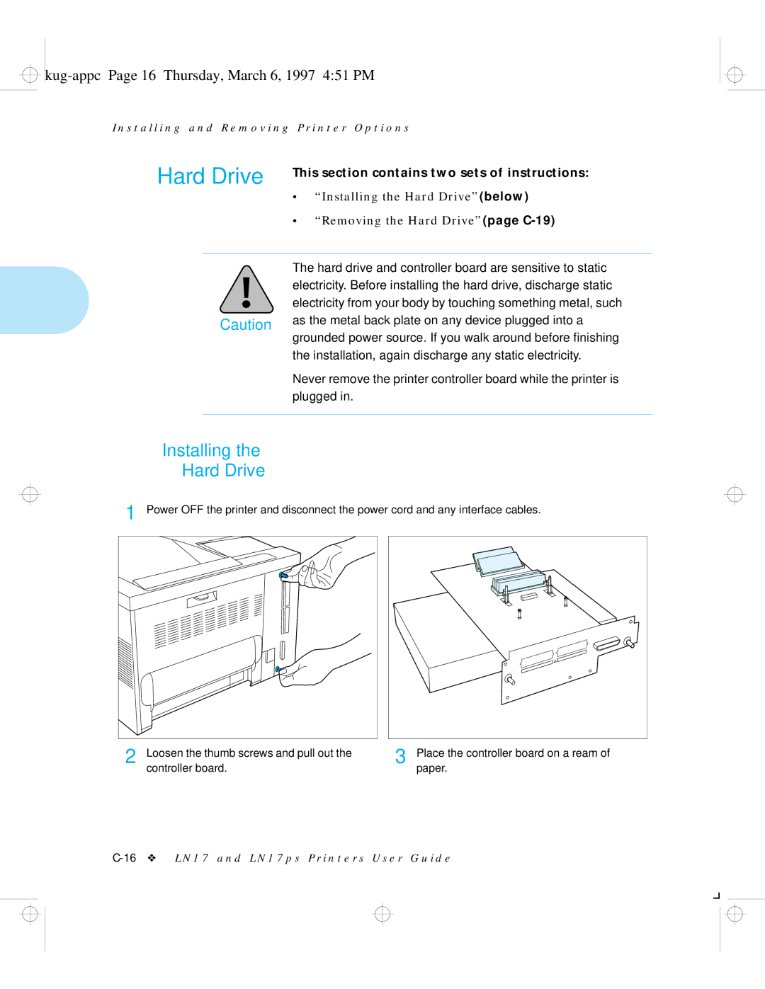 HP LN17ps manual Installing Hard Drive, Kug-appc Page 16 Thursday, March 6, 1997 451 PM 