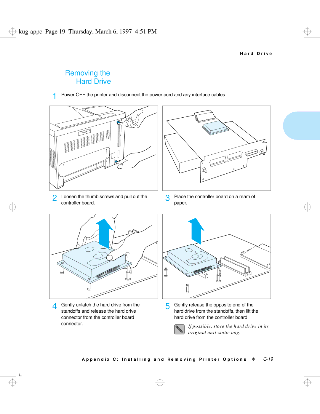 HP LN17ps manual Removing Hard Drive, Kug-appc Page 19 Thursday, March 6, 1997 451 PM 