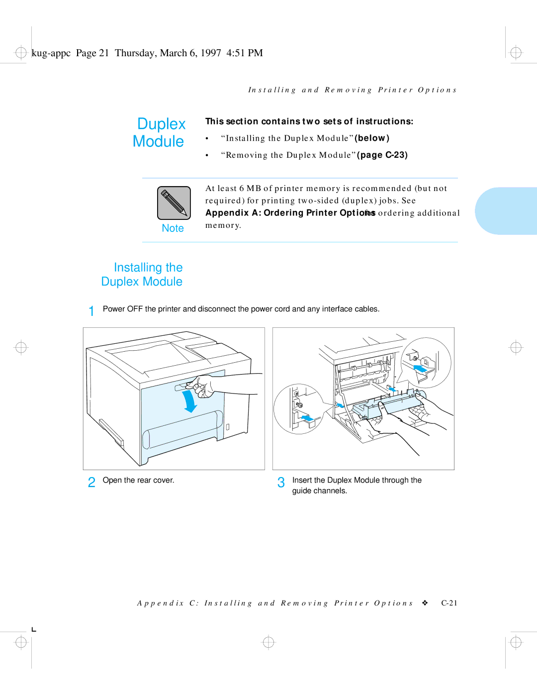 HP LN17ps manual Installing Duplex Module, Kug-appc Page 21 Thursday, March 6, 1997 451 PM 