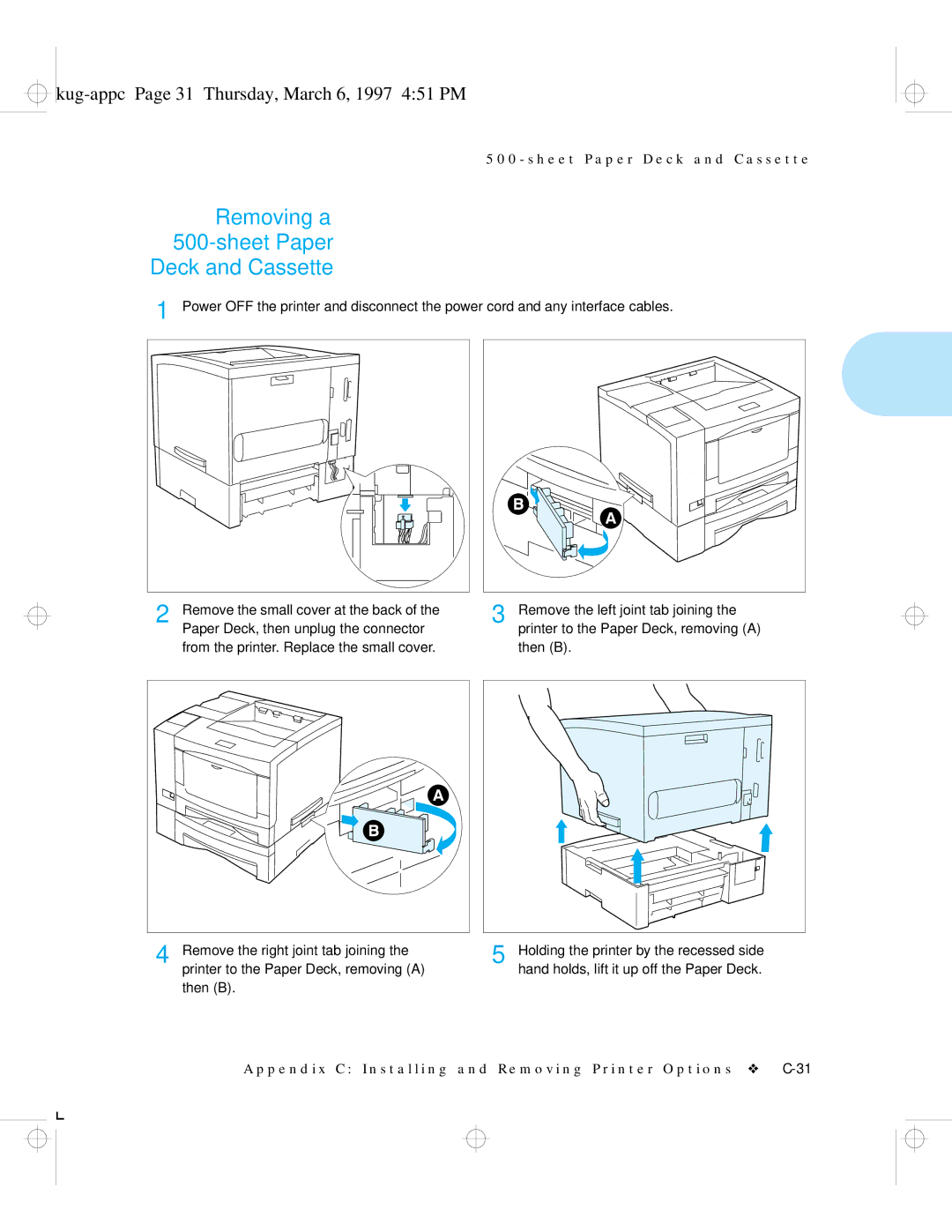 HP LN17ps manual Removing a Sheet Paper Deck and Cassette, Kug-appc Page 31 Thursday, March 6, 1997 451 PM 