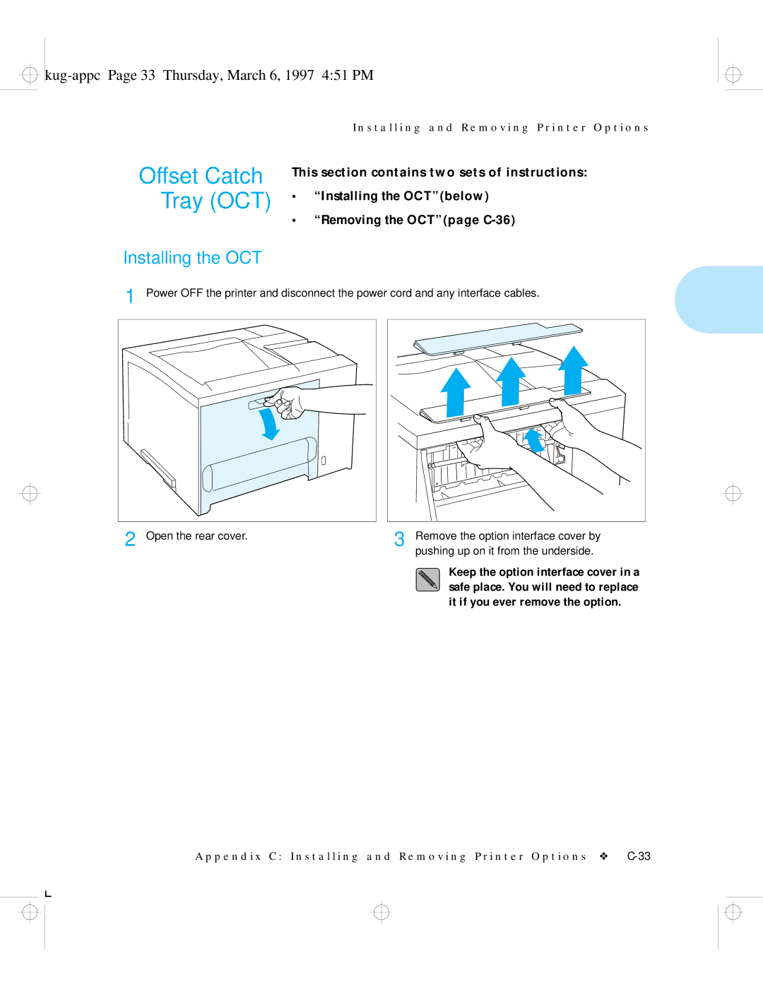 HP LN17ps manual Installing the OCT, Kug-appc Page 33 Thursday, March 6, 1997 451 PM 