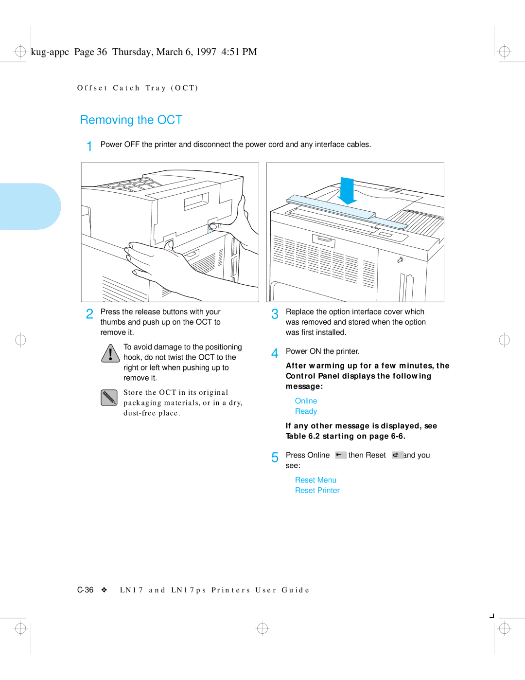 HP LN17ps manual Removing the OCT, Kug-appc Page 36 Thursday, March 6, 1997 451 PM 