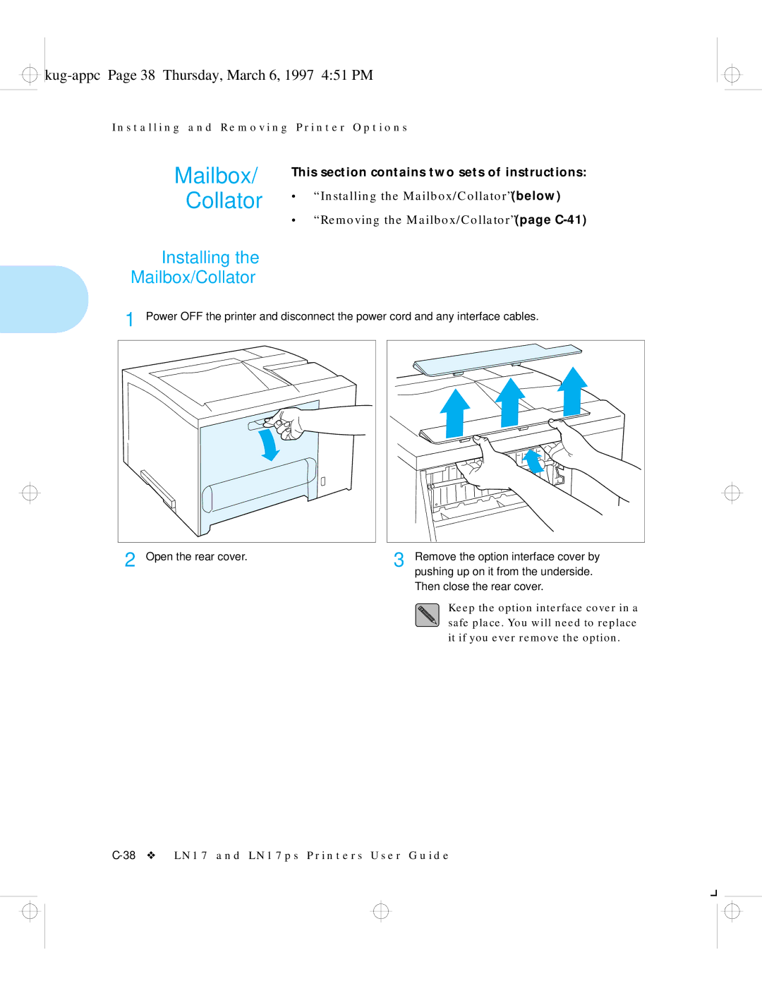 HP LN17ps manual Mailbox/ Collator, Installing Mailbox/Collator, Kug-appc Page 38 Thursday, March 6, 1997 451 PM 