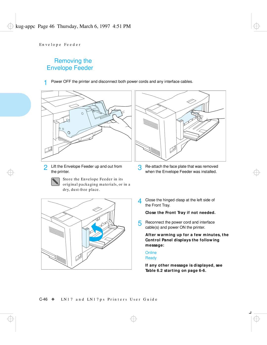 HP LN17ps manual Removing Envelope Feeder, Kug-appc Page 46 Thursday, March 6, 1997 451 PM 