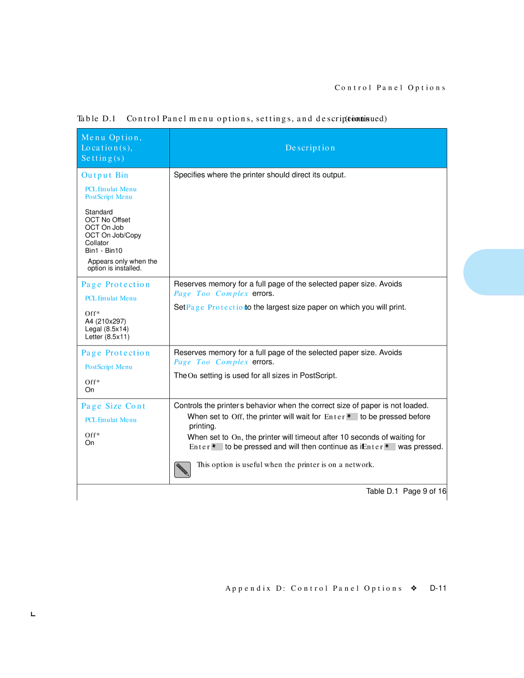 HP LN17ps manual Output Bin, Protection, Size 