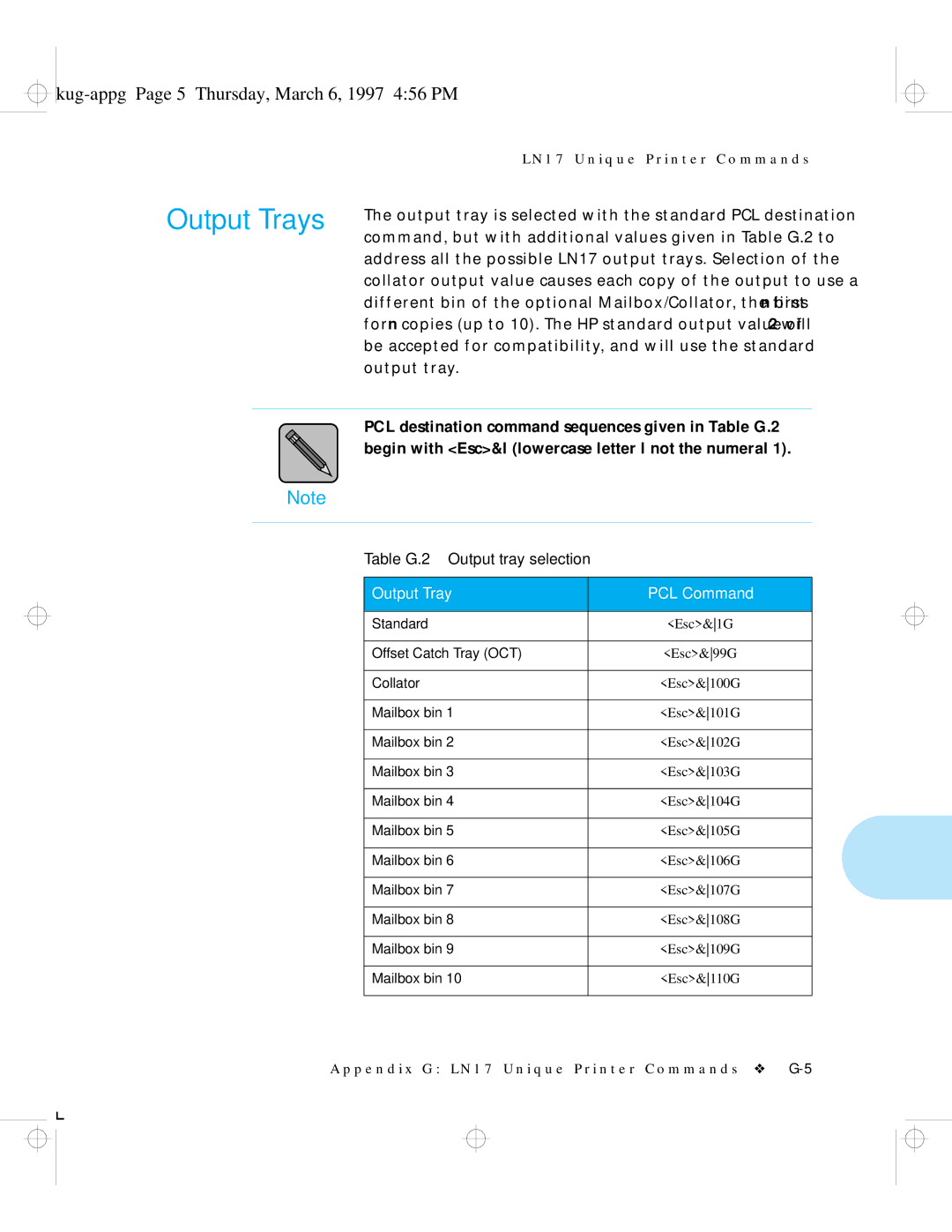 HP LN17ps manual Kug-appg Page 5 Thursday, March 6, 1997 456 PM, Output Tray, Standard, Collator, Mailbox bin 