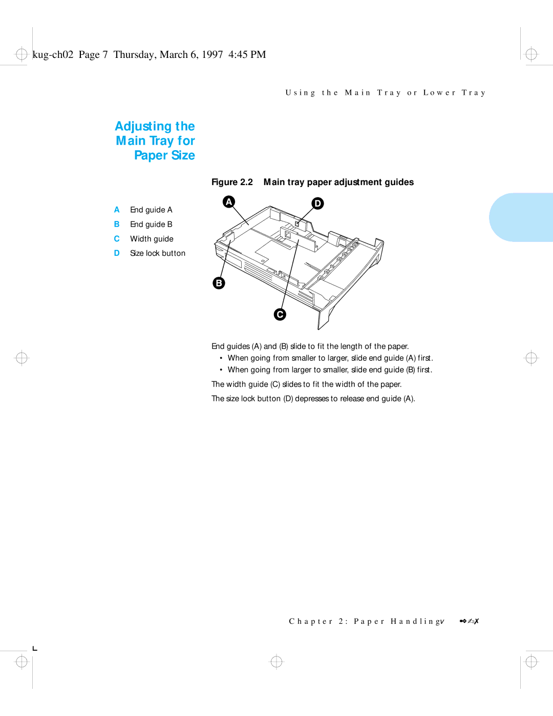 HP LN17ps manual Adjusting Main Tray for Paper Size, Kug-ch02 Page 7 Thursday, March 6, 1997 445 PM 