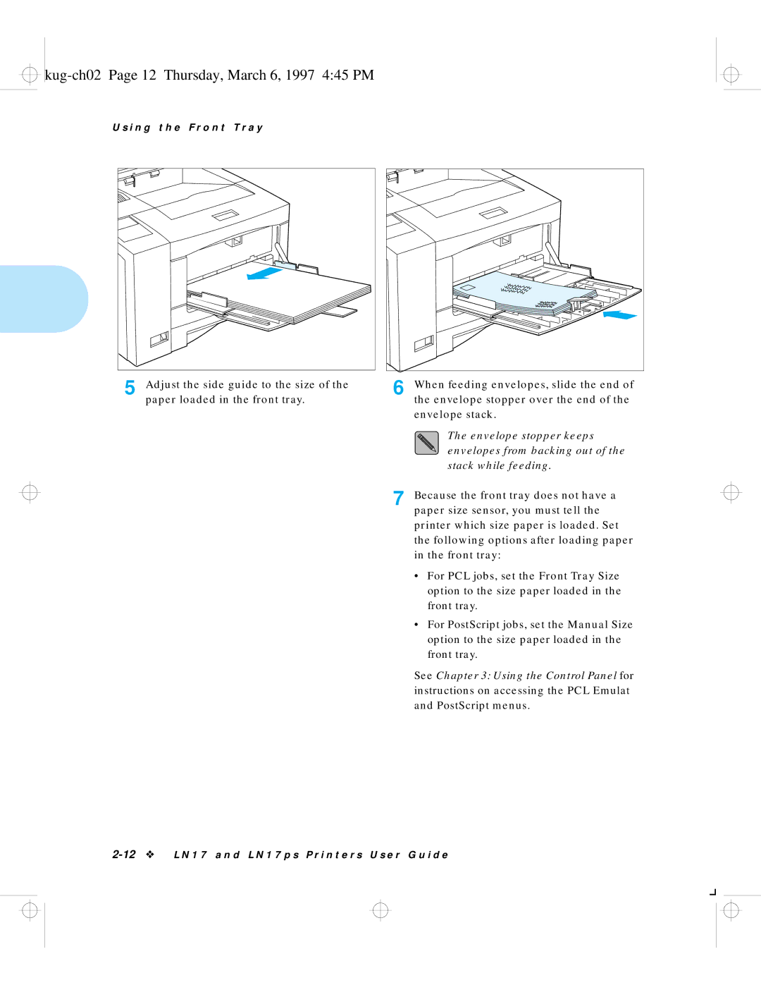 HP LN17ps manual Kug-ch02 Page 12 Thursday, March 6, 1997 445 PM, Adjust the side guide to the size 