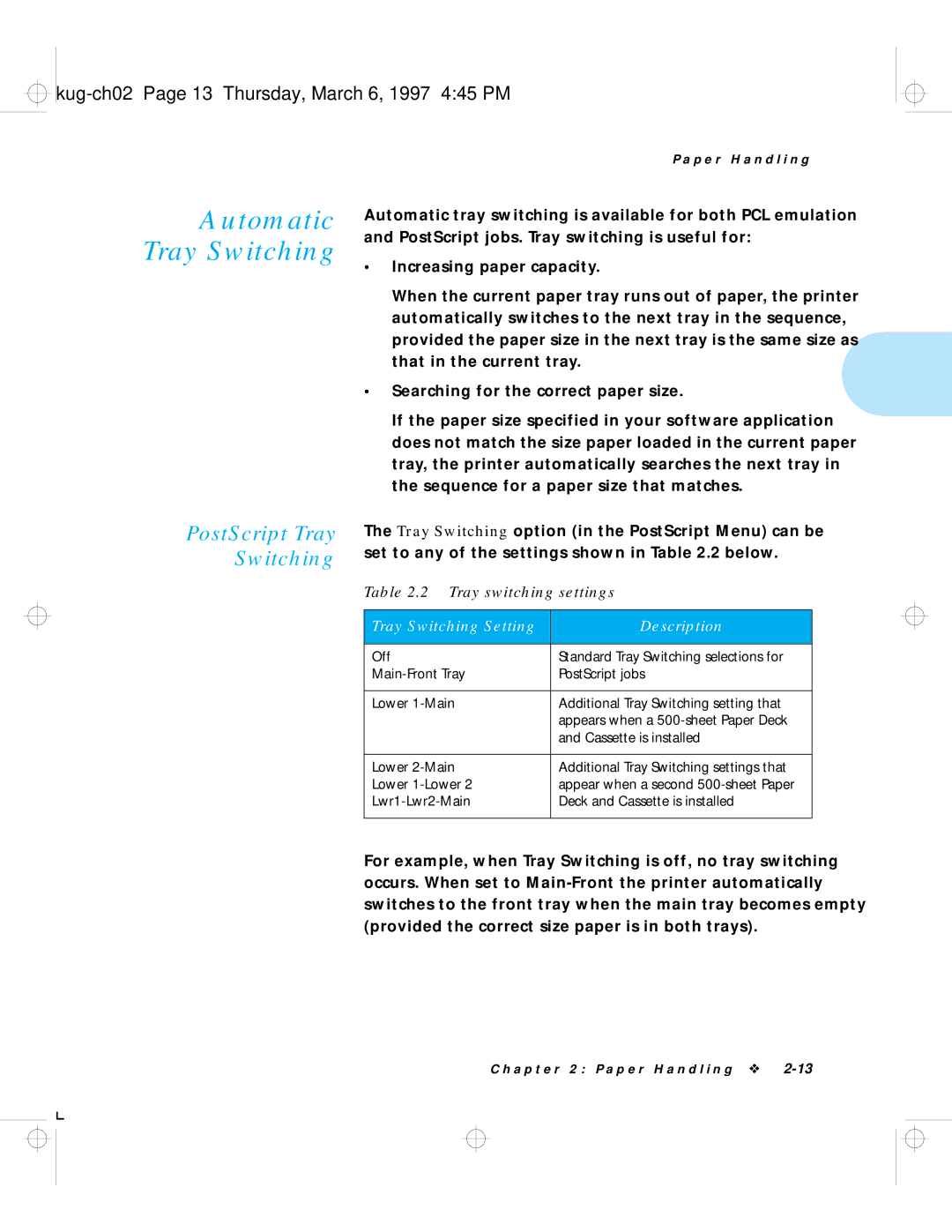 HP LN17ps manual Kug-ch02 Page 13 Thursday, March 6, 1997 445 PM, Tray Switching Setting Description 