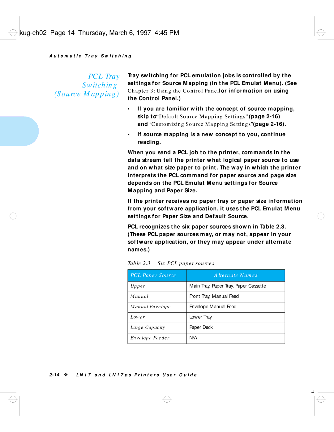 HP LN17ps manual PCL Tray Switching Source Mapping, Kug-ch02 Page 14 Thursday, March 6, 1997 445 PM 