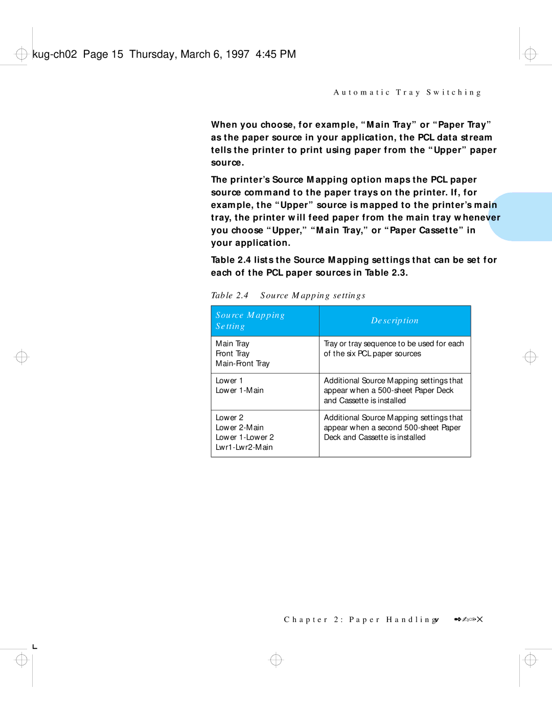 HP LN17ps manual Kug-ch02 Page 15 Thursday, March 6, 1997 445 PM, Source Mapping Description Setting 