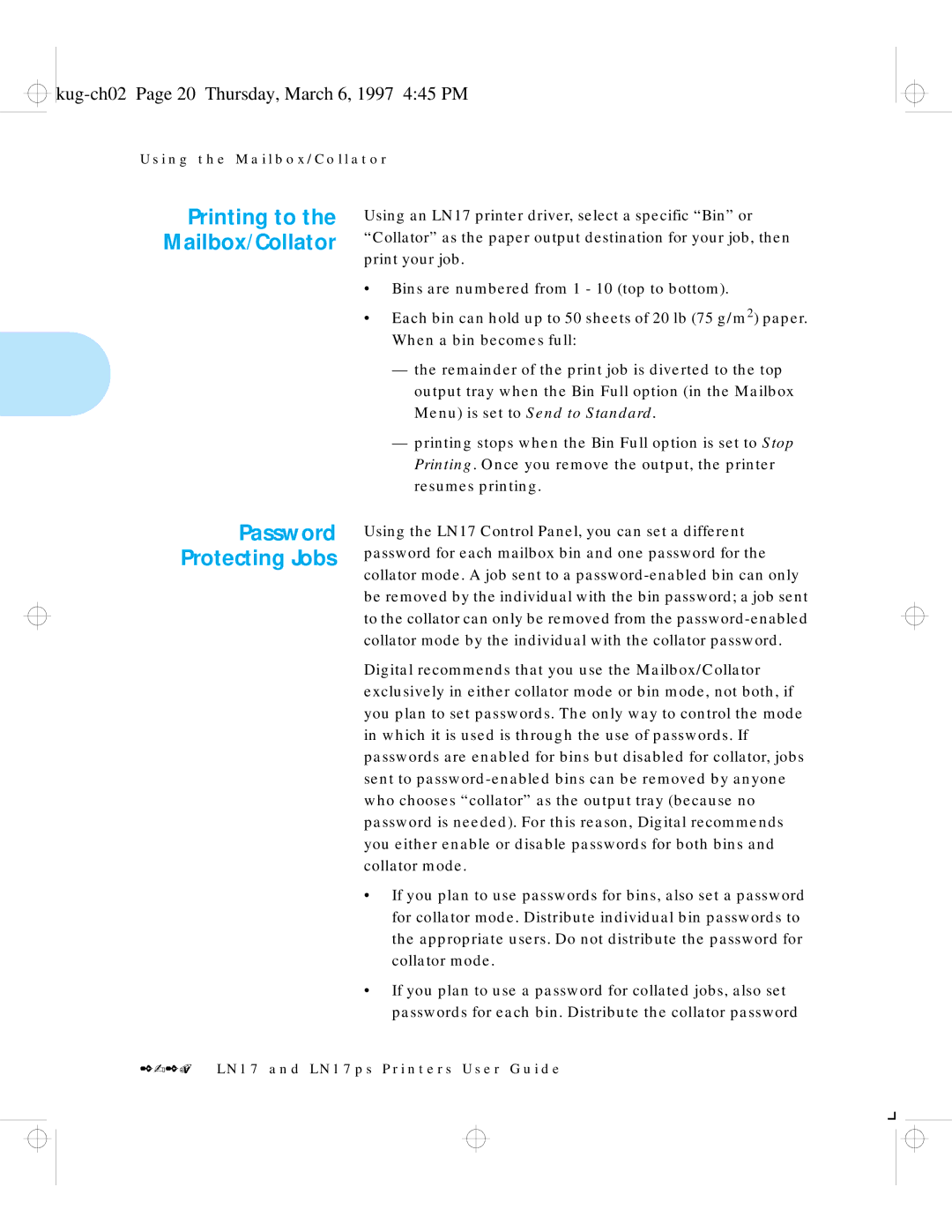 HP LN17ps manual Printing to the Mailbox/Collator, Kug-ch02 Page 20 Thursday, March 6, 1997 445 PM 