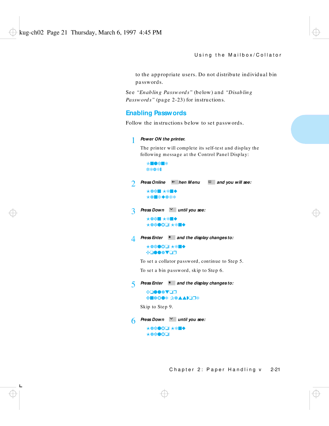 HP LN17ps manual Kug-ch02 Page 21 Thursday, March 6, 1997 445 PM, Enabling Passwords 