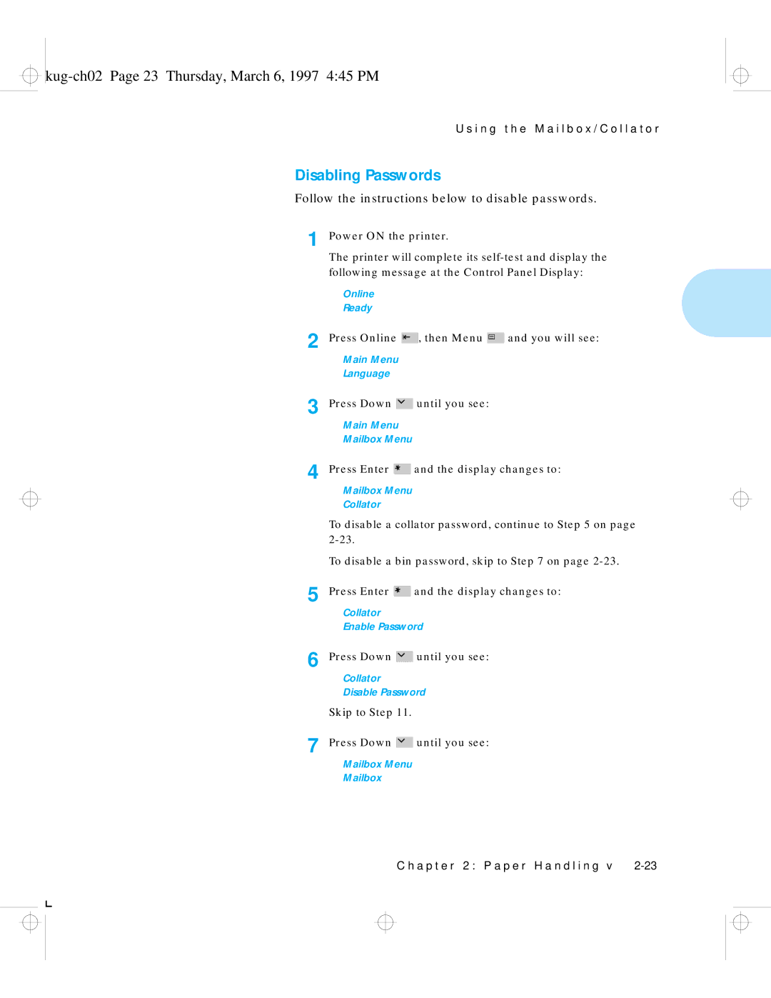 HP LN17ps manual Kug-ch02 Page 23 Thursday, March 6, 1997 445 PM, Disabling Passwords 