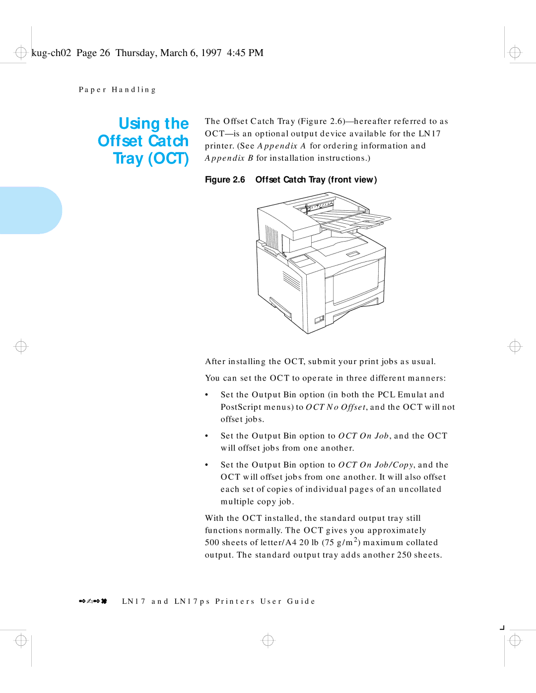 HP LN17ps manual Using Offset Catch Tray OCT, Kug-ch02 Page 26 Thursday, March 6, 1997 445 PM 