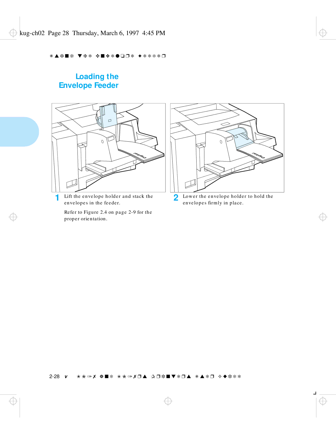 HP LN17ps manual Loading Envelope Feeder, Kug-ch02 Page 28 Thursday, March 6, 1997 445 PM 