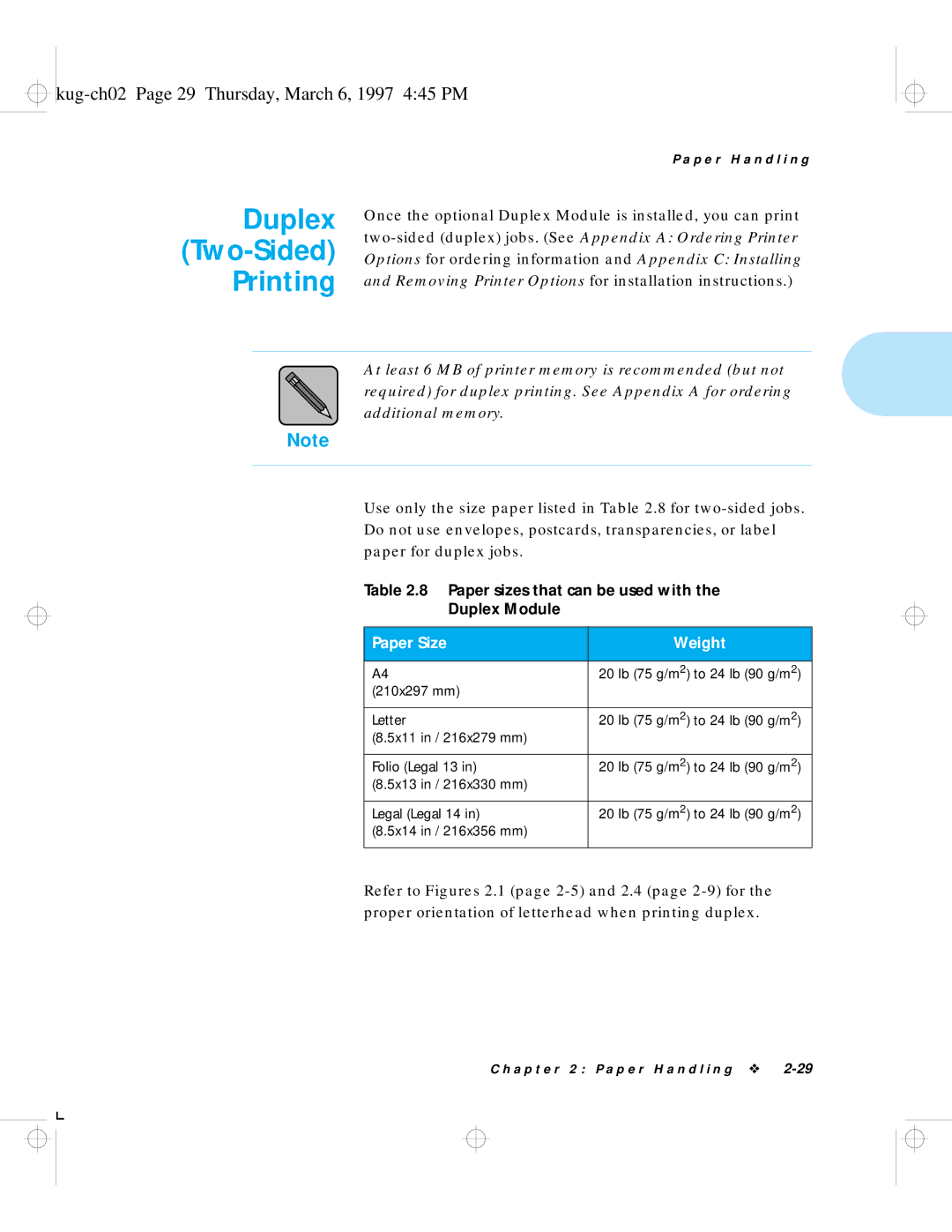 HP LN17ps manual Duplex, Printing, Kug-ch02 Page 29 Thursday, March 6, 1997 445 PM, Paper Size Weight 