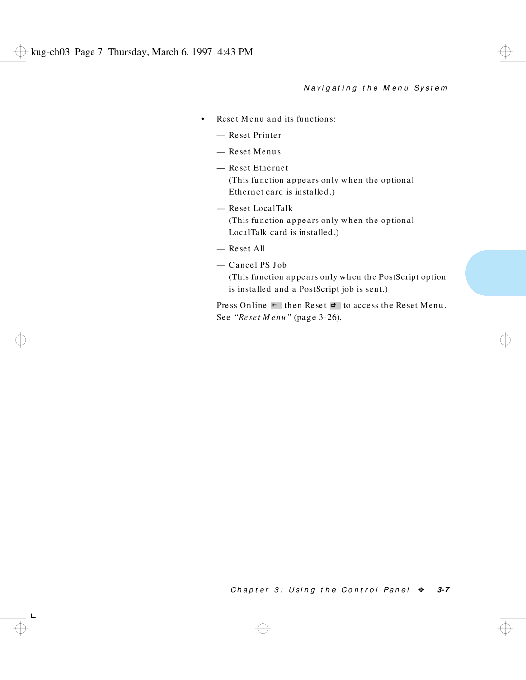 HP LN17ps manual Kug-ch03 Page 7 Thursday, March 6, 1997 443 PM, Reset All Cancel PS Job 