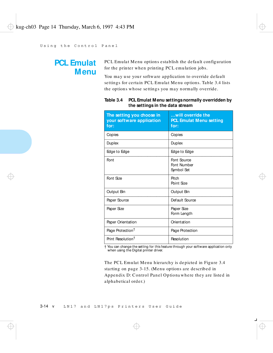 HP LN17ps manual PCL Emulat Menu, Kug-ch03 Page 14 Thursday, March 6, 1997 443 PM 