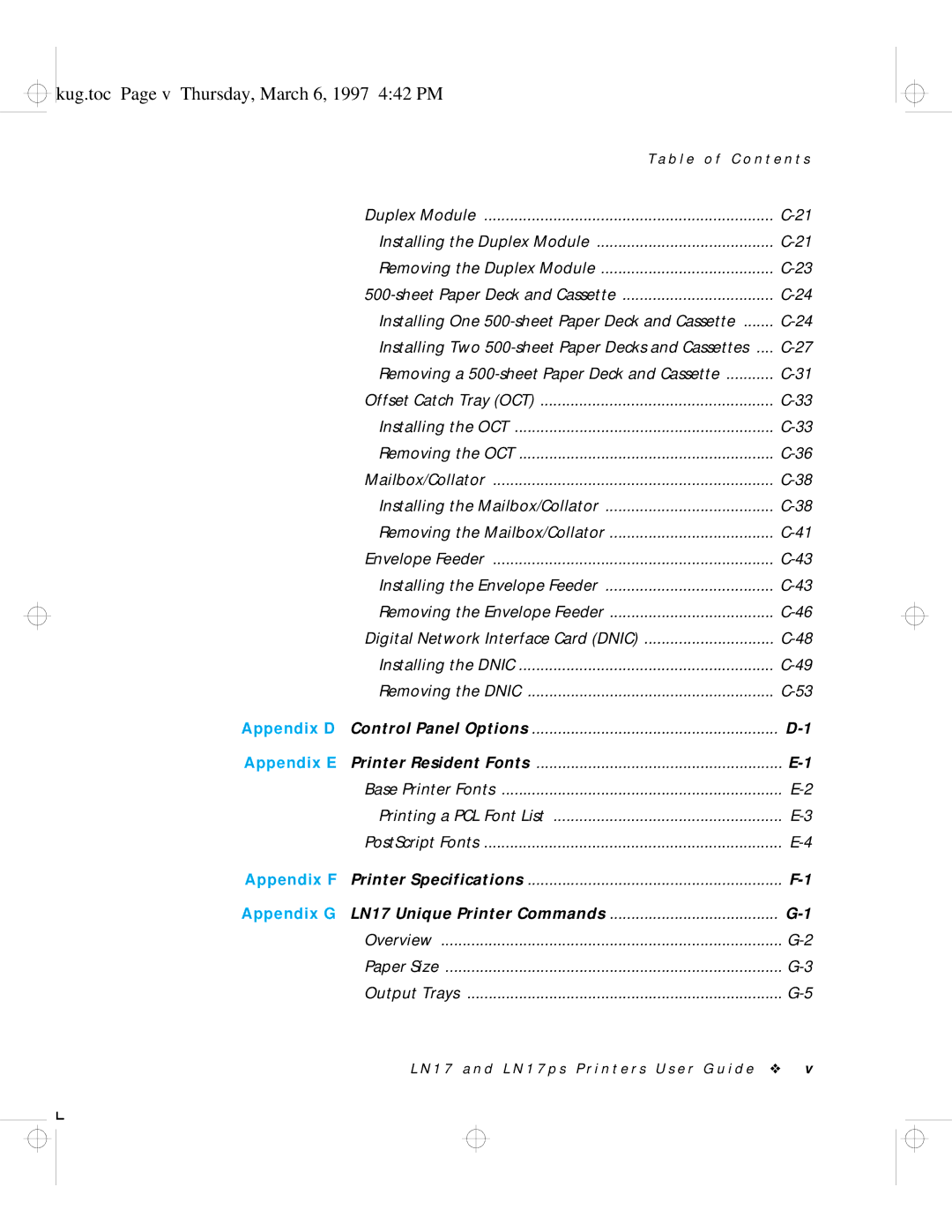 HP LN17ps manual Kug.toc Page v Thursday, March 6, 1997 442 PM 