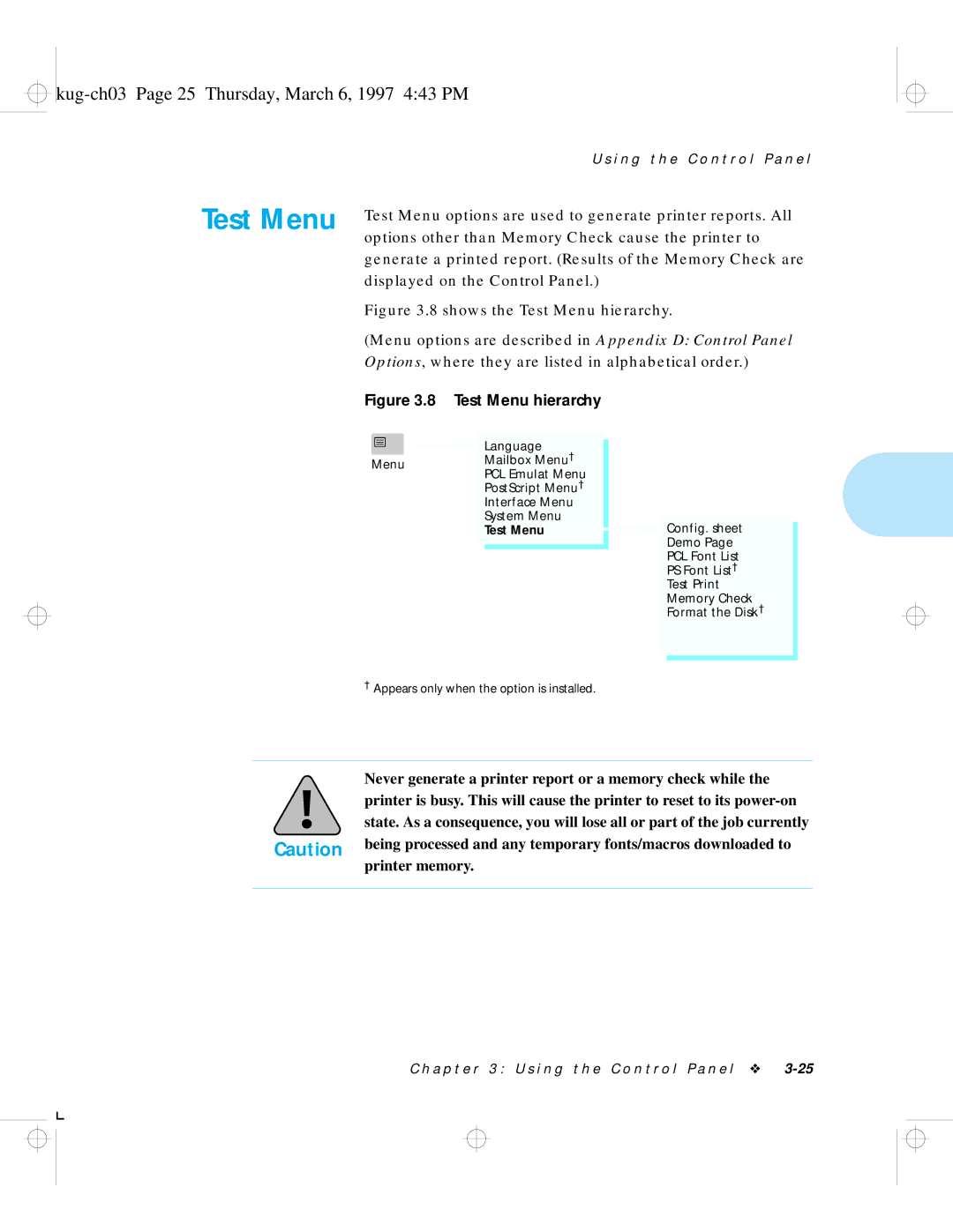 HP LN17ps manual Kug-ch03 Page 25 Thursday, March 6, 1997 443 PM, Test Menu 