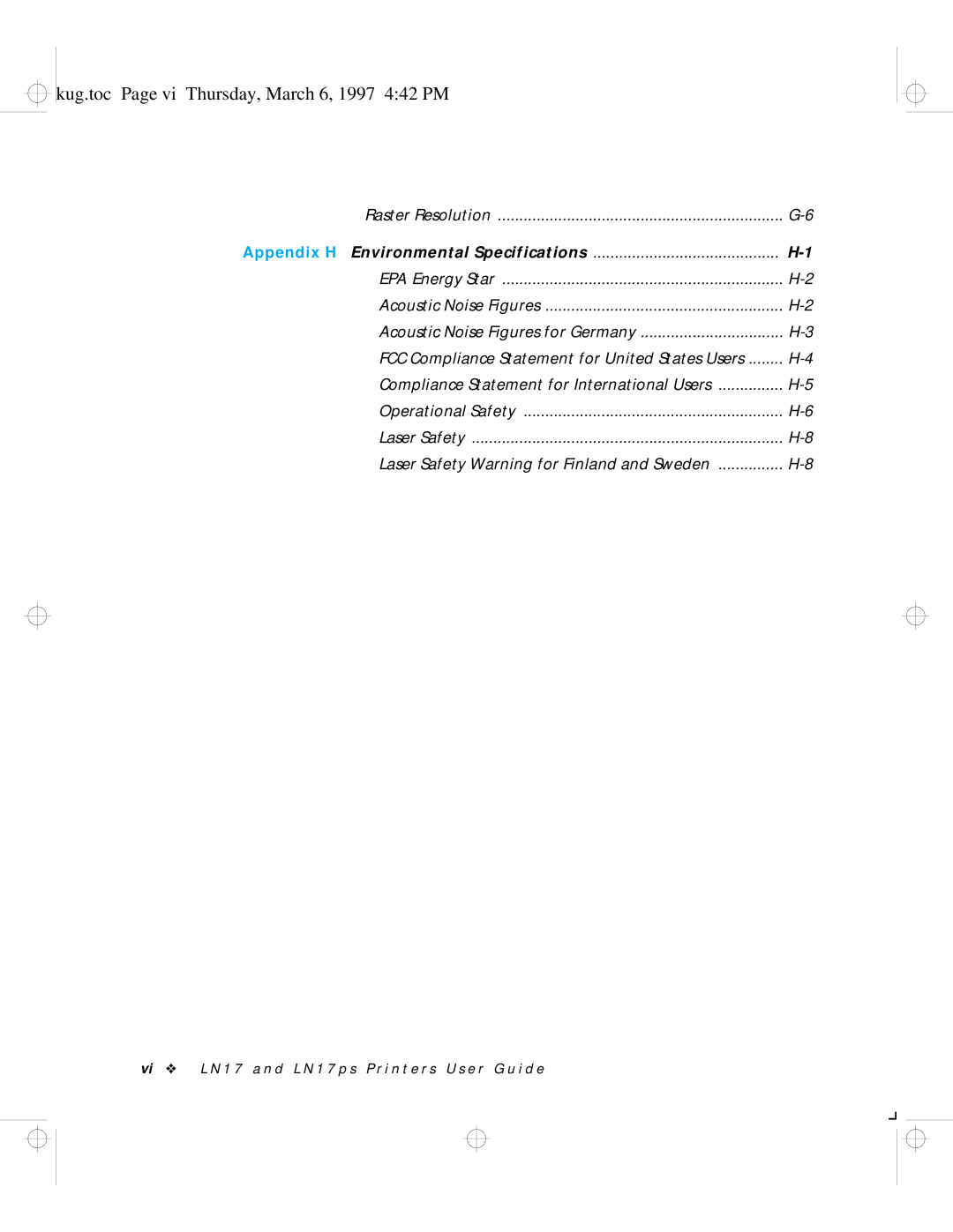 HP LN17ps manual Kug.toc Page vi Thursday, March 6, 1997 442 PM 