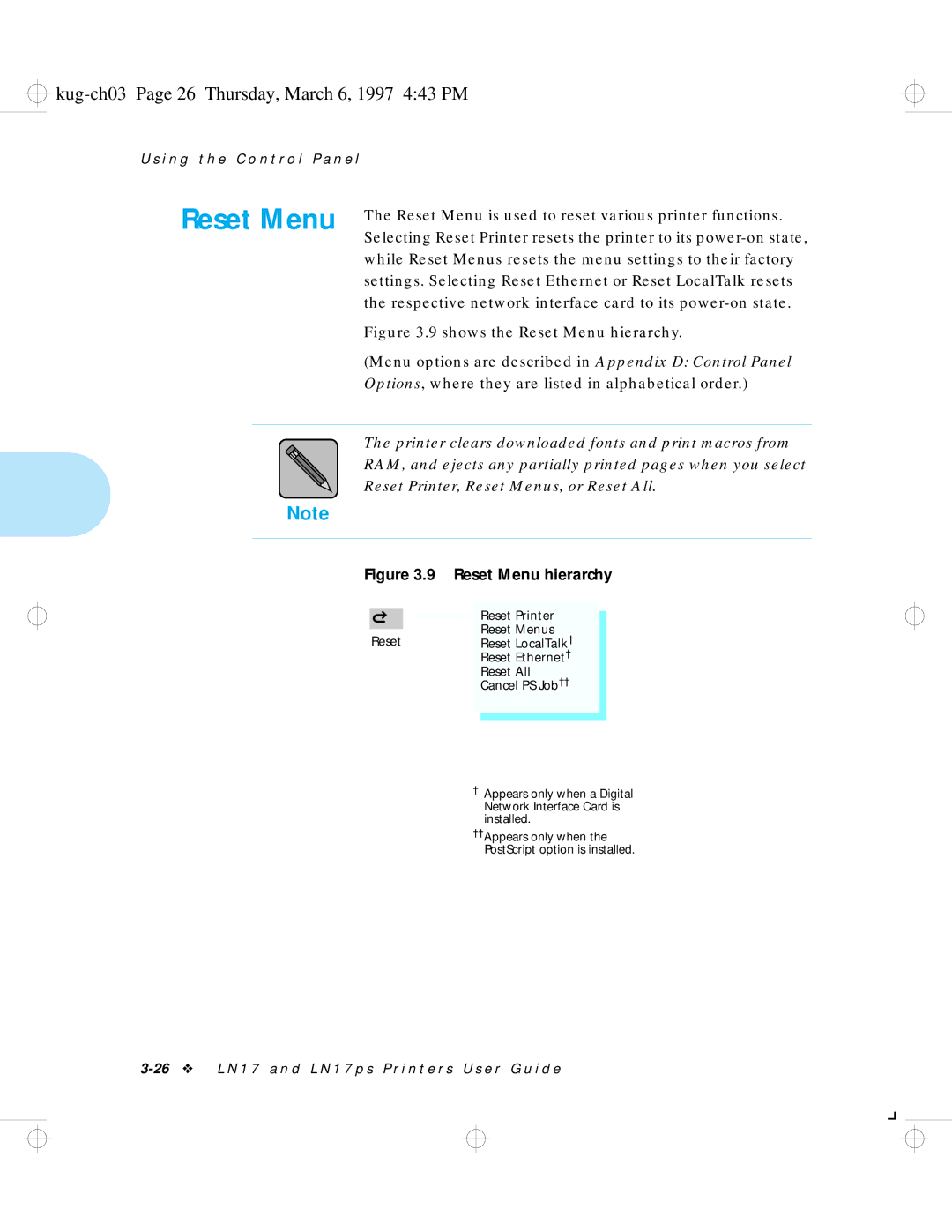 HP LN17ps manual Reset Menu, Kug-ch03 Page 26 Thursday, March 6, 1997 443 PM 