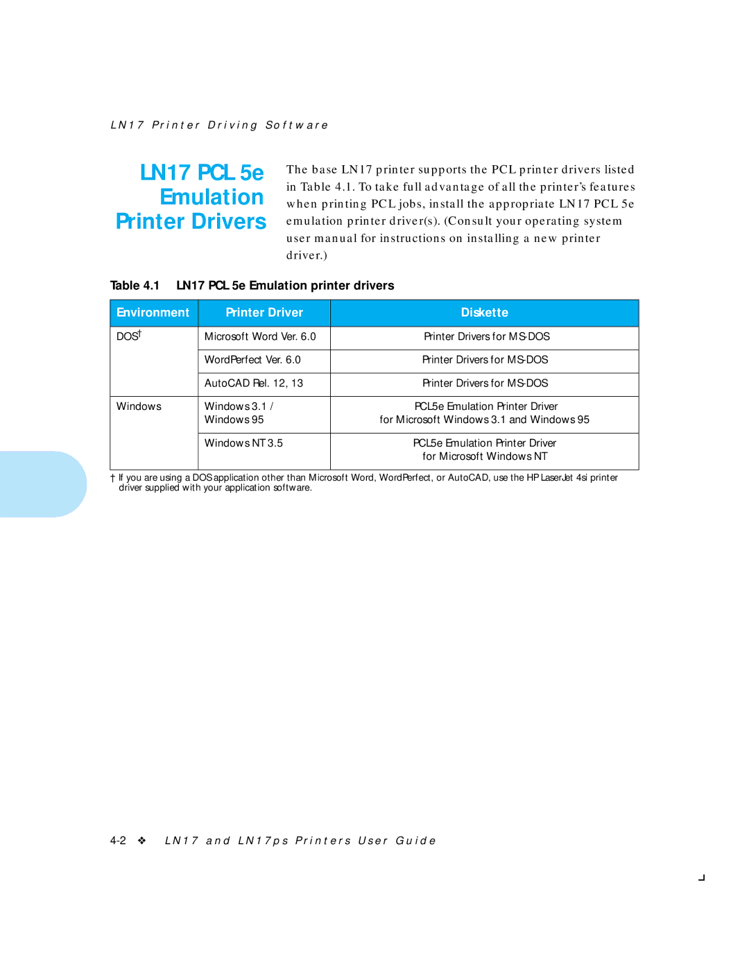 HP LN17ps manual LN17 PCL 5e Emulation Printer Drivers, Environment Printer Driver Diskette 