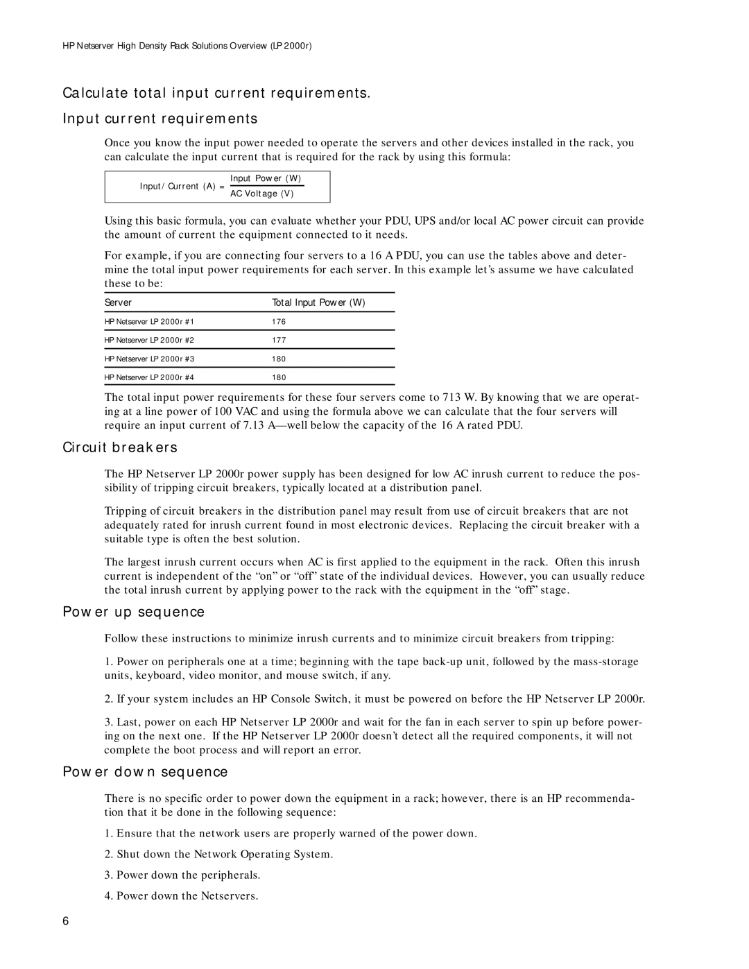 HP LP 2000r manual Circuit breakers, Power up sequence, Power down sequence, Server 