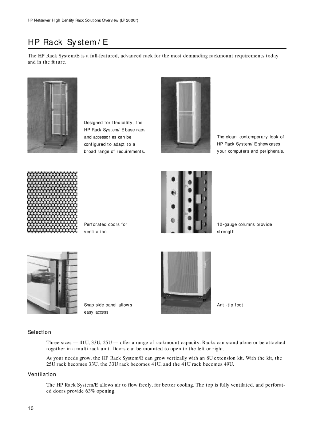 HP LP 2000r manual HP Rack System/E, Gauge columns provide strength Anti-tip foot, Ventilation 