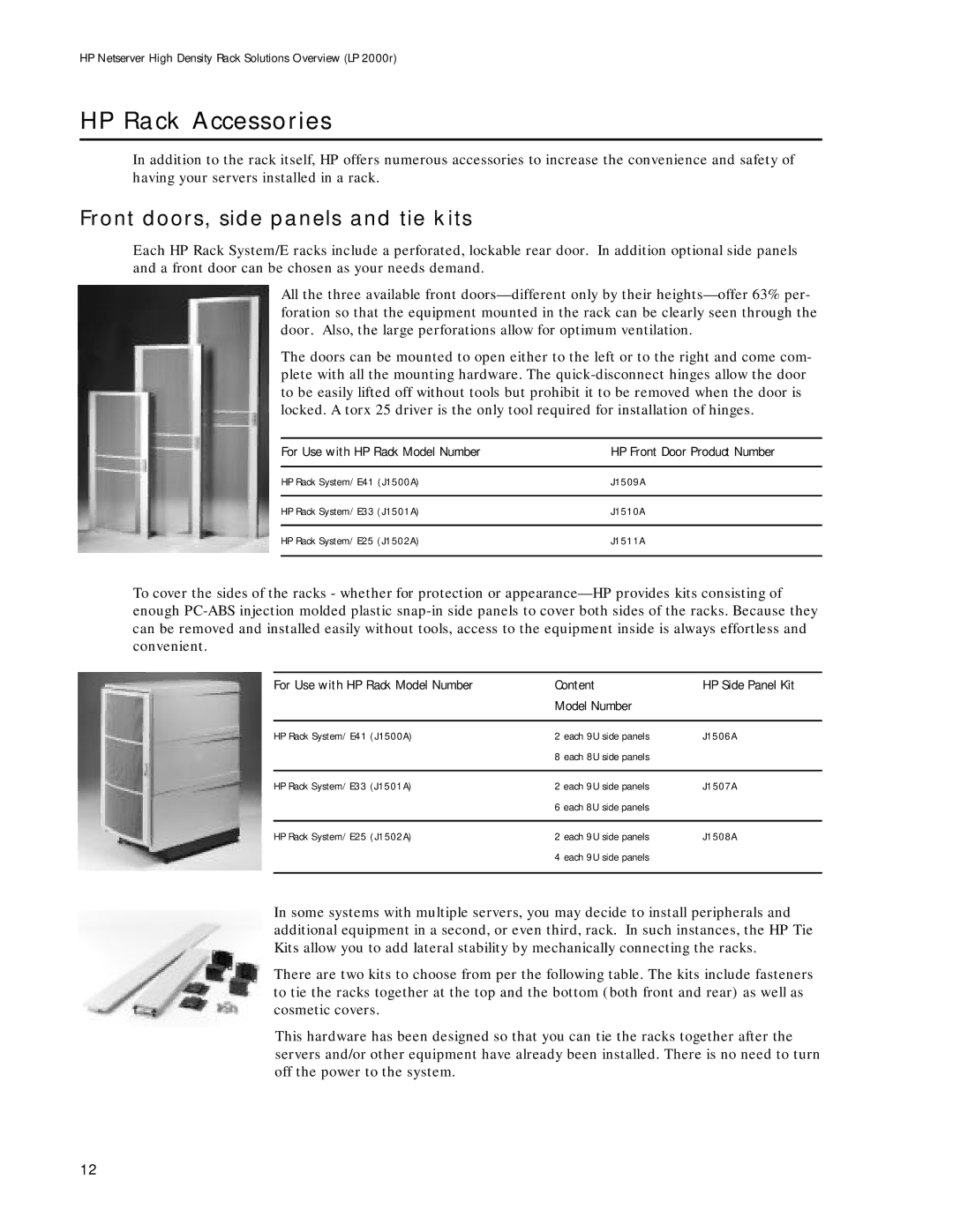 HP LP 2000r manual HP Rack Accessories, Front doors, side panels and tie kits, For Use with HP Rack Model Number 