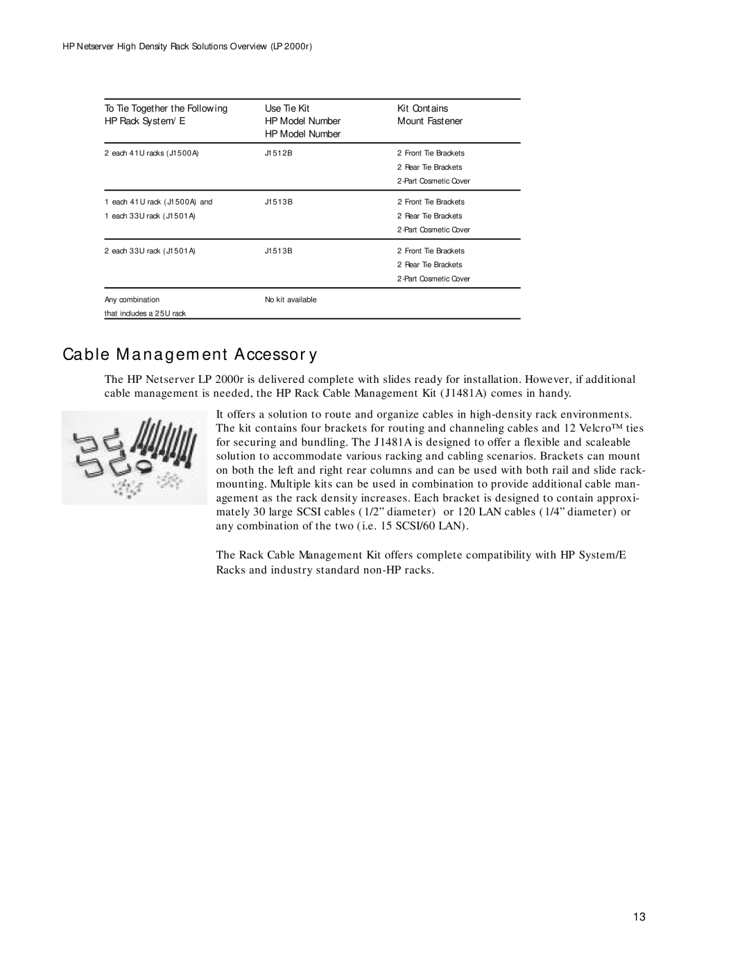 HP LP 2000r manual Cable Management Accessory, Use Tie Kit Kit Contains HP Rack System/E, Mount Fastener 