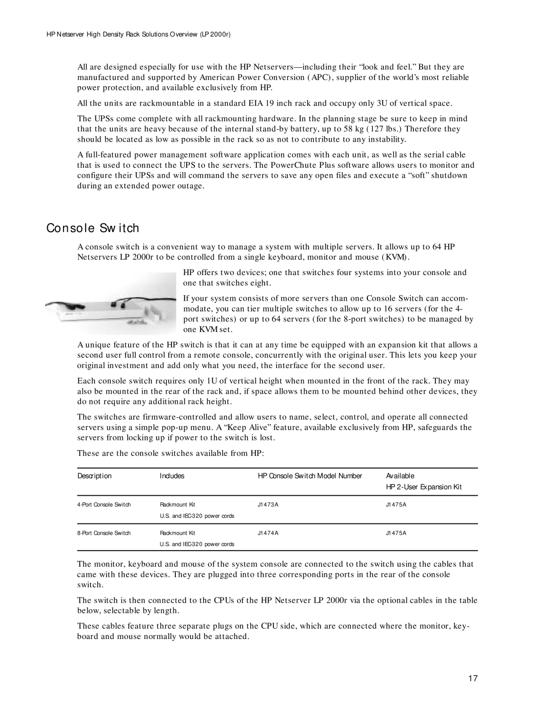 HP LP 2000r manual Console Switch, Description Includes, Available 