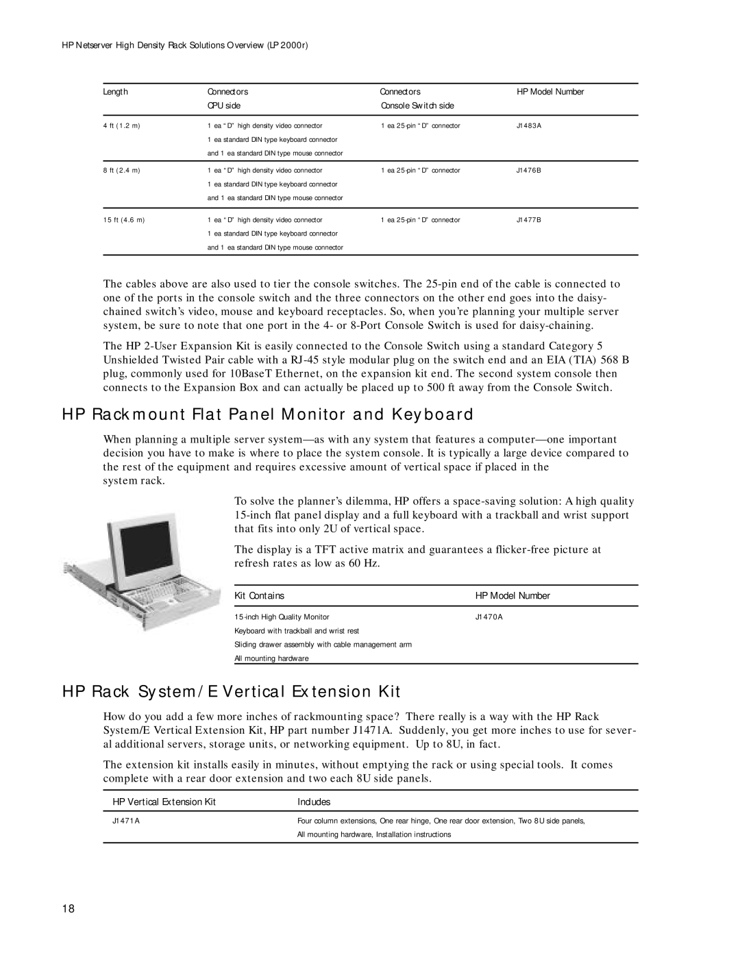 HP LP 2000r manual HP Rackmount Flat Panel Monitor and Keyboard, HP Rack System/E Vertical Extension Kit 