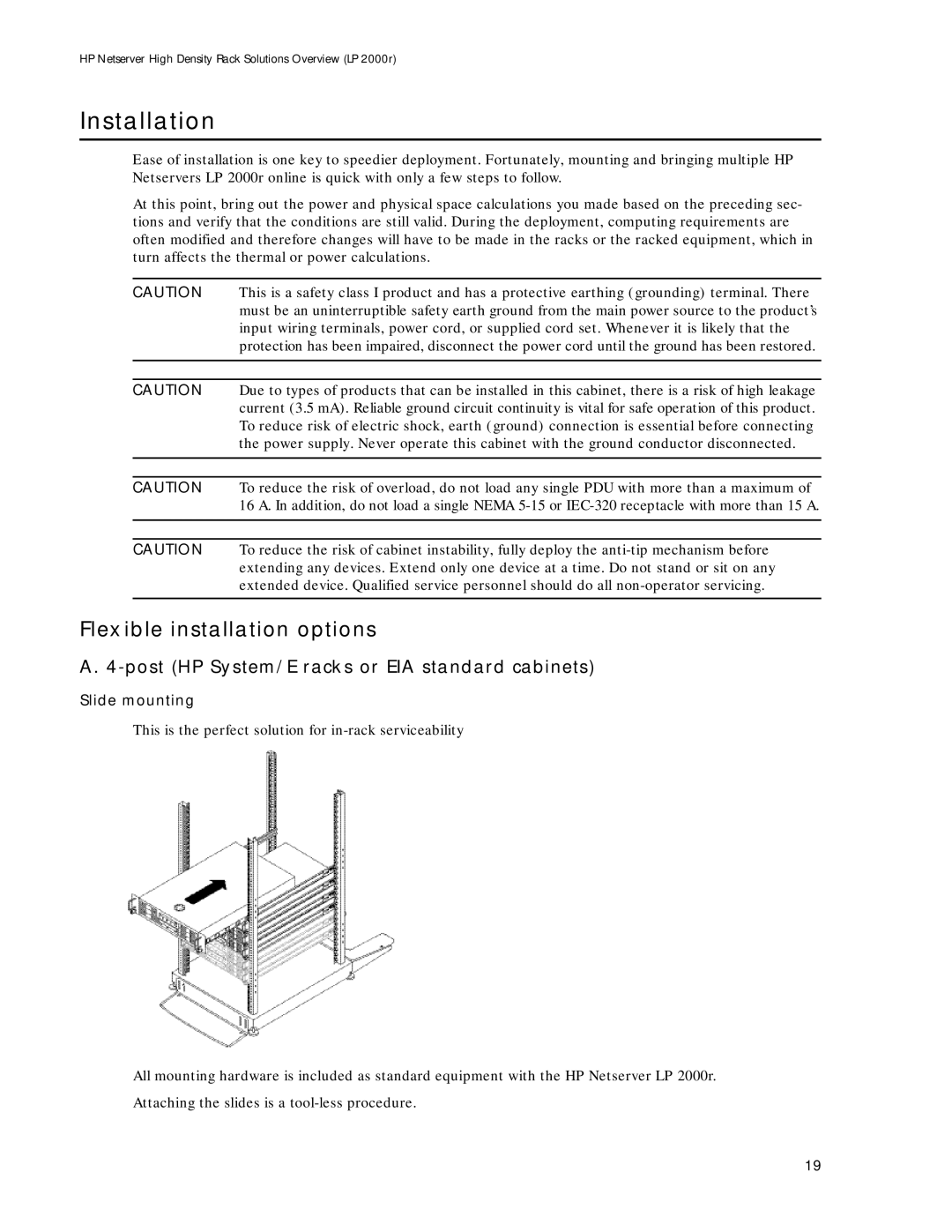 HP LP 2000r Installation, Flexible installation options, Post HP System/E racks or EIA standard cabinets, Slide mounting 