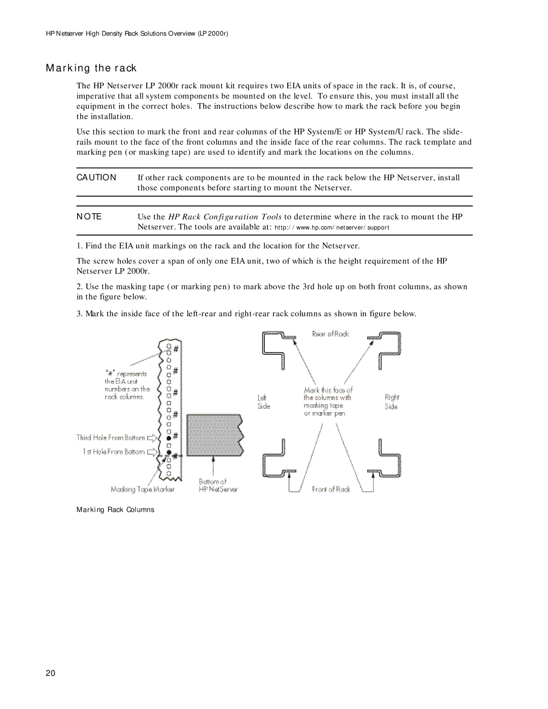 HP LP 2000r manual Marking the rack, Marking Rack Columns 