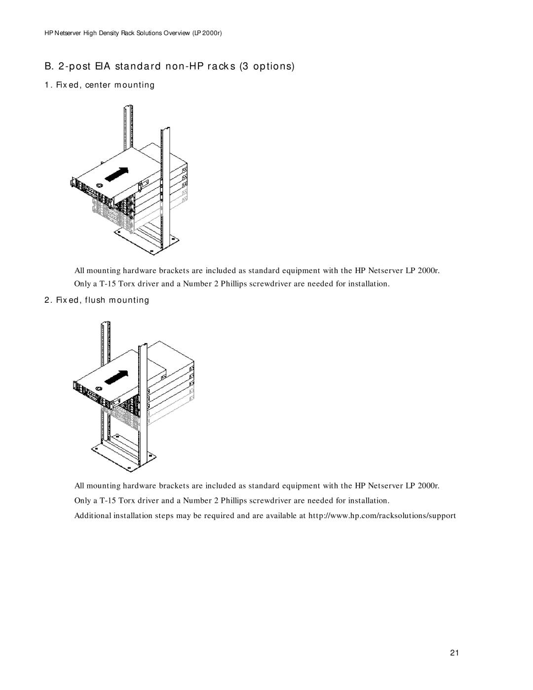 HP LP 2000r manual Post EIA standard non-HP racks 3 options, Fixed, center mounting, Fixed, flush mounting 